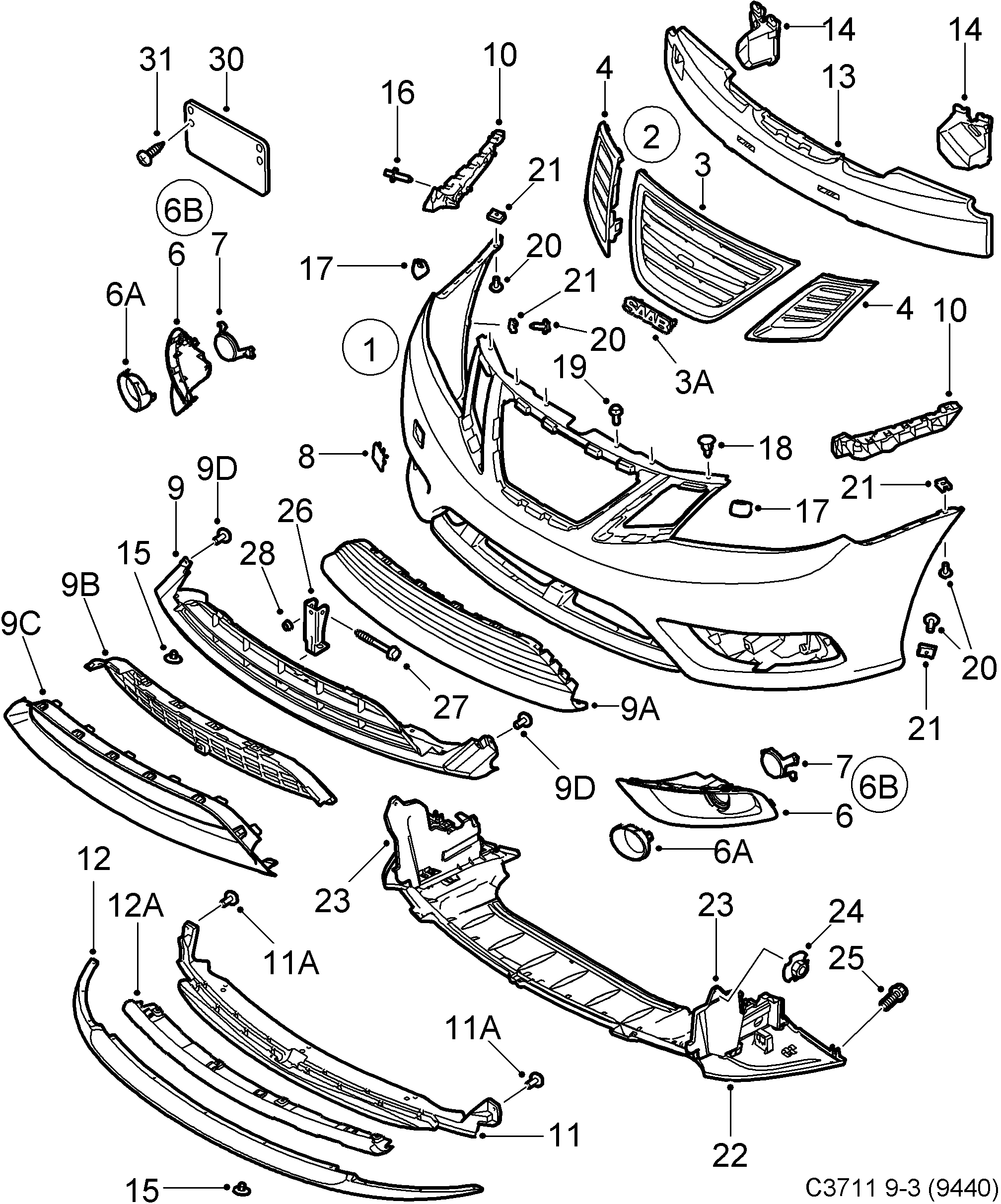 Saab 9-3 (9440) Bumper, front diagram