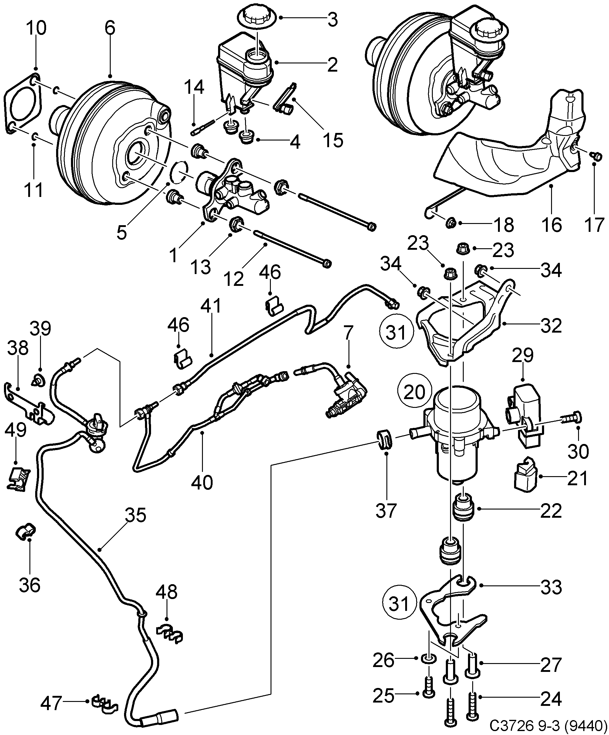 Saab 9-3 (9440) Master cylinder vacuum brake booster diagram