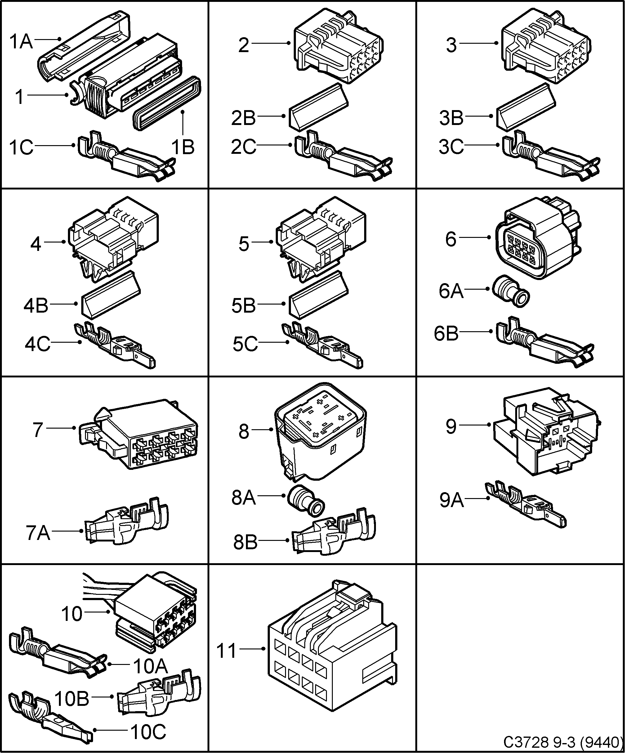 Saab 9-3 (9440) Connector housing etc 7-pin - 8-pin diagram