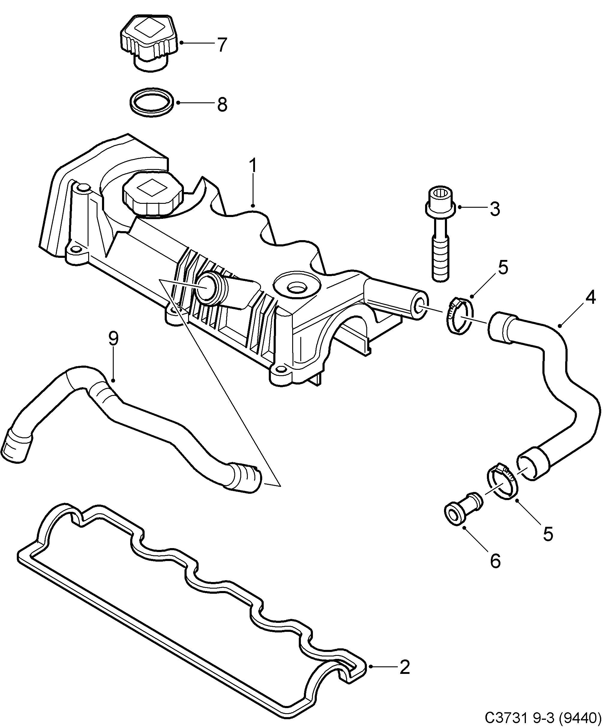 Saab 9-3 (9440) Valve cover diagram