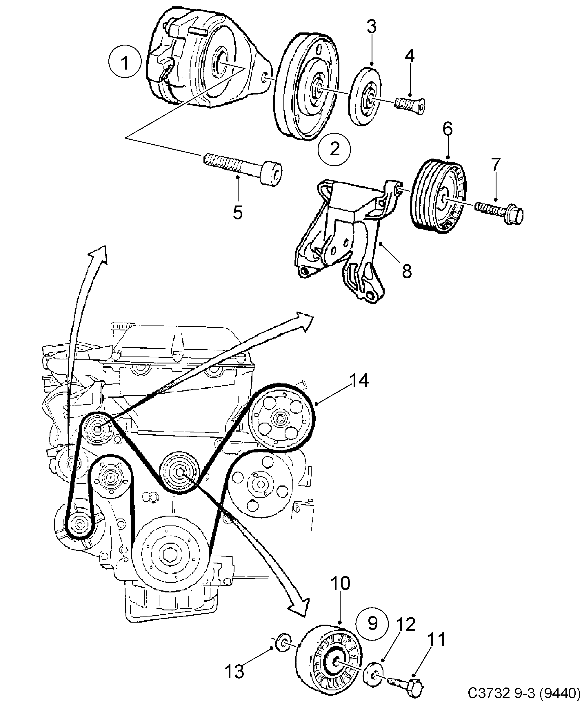 Saab 900 Belt tensioner diagram