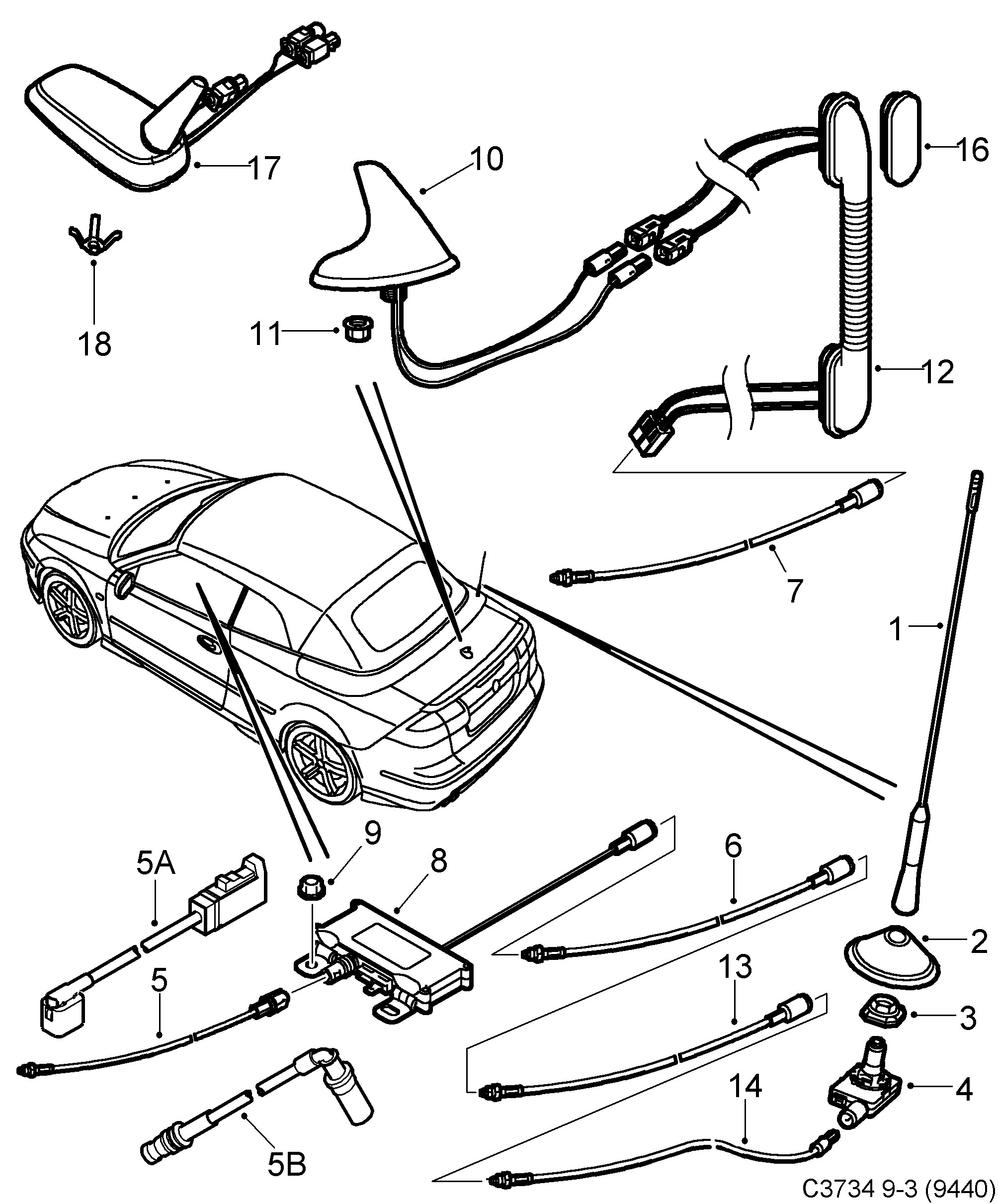 Saab 9-3 (9440) Antenna Antenna cable diagram