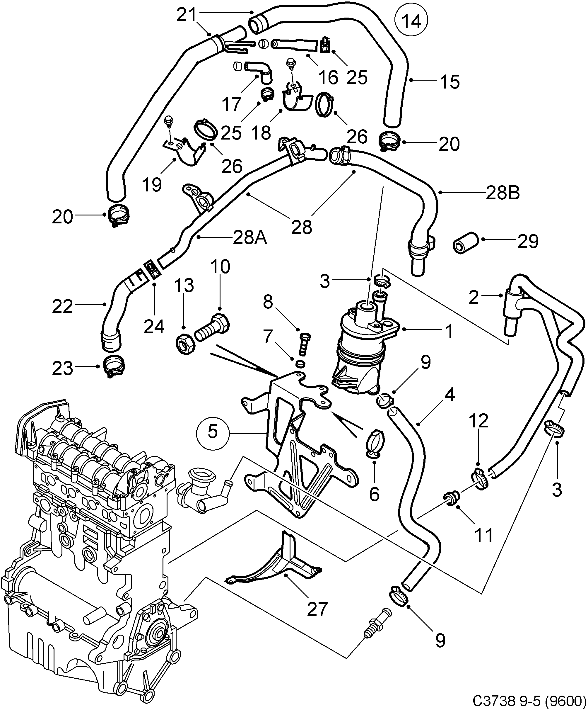 Saab 9-5 (9600) Crank case ventilation diagram