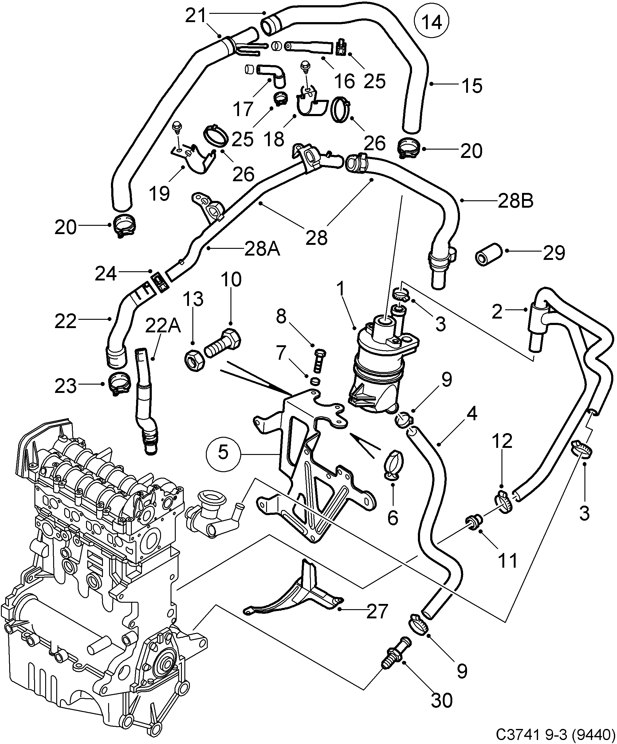 Saab 9-3 (9440) Crank case ventilation diagram