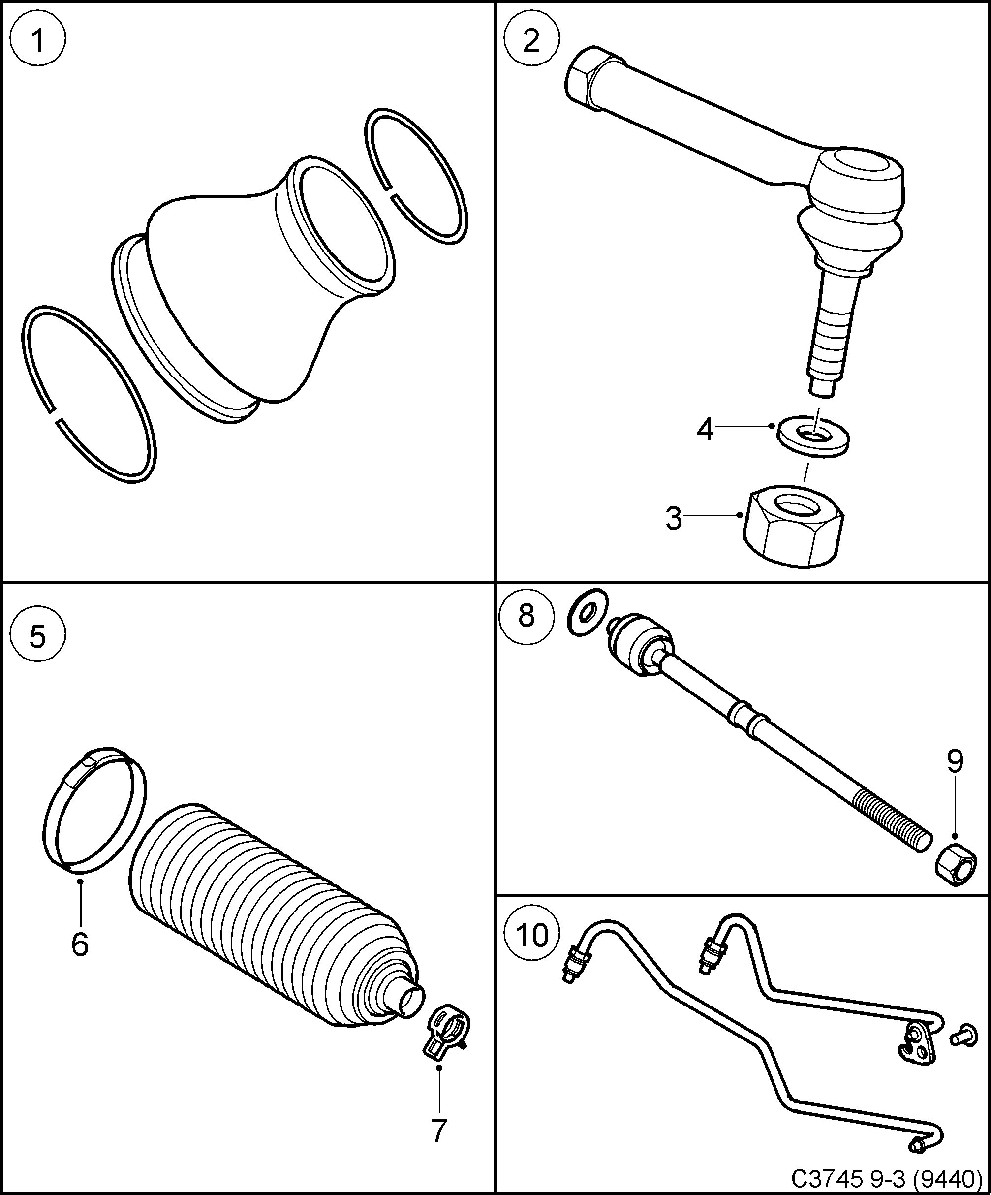 Saab 9-3 (9440) Front wheel suspension Steering device diagram