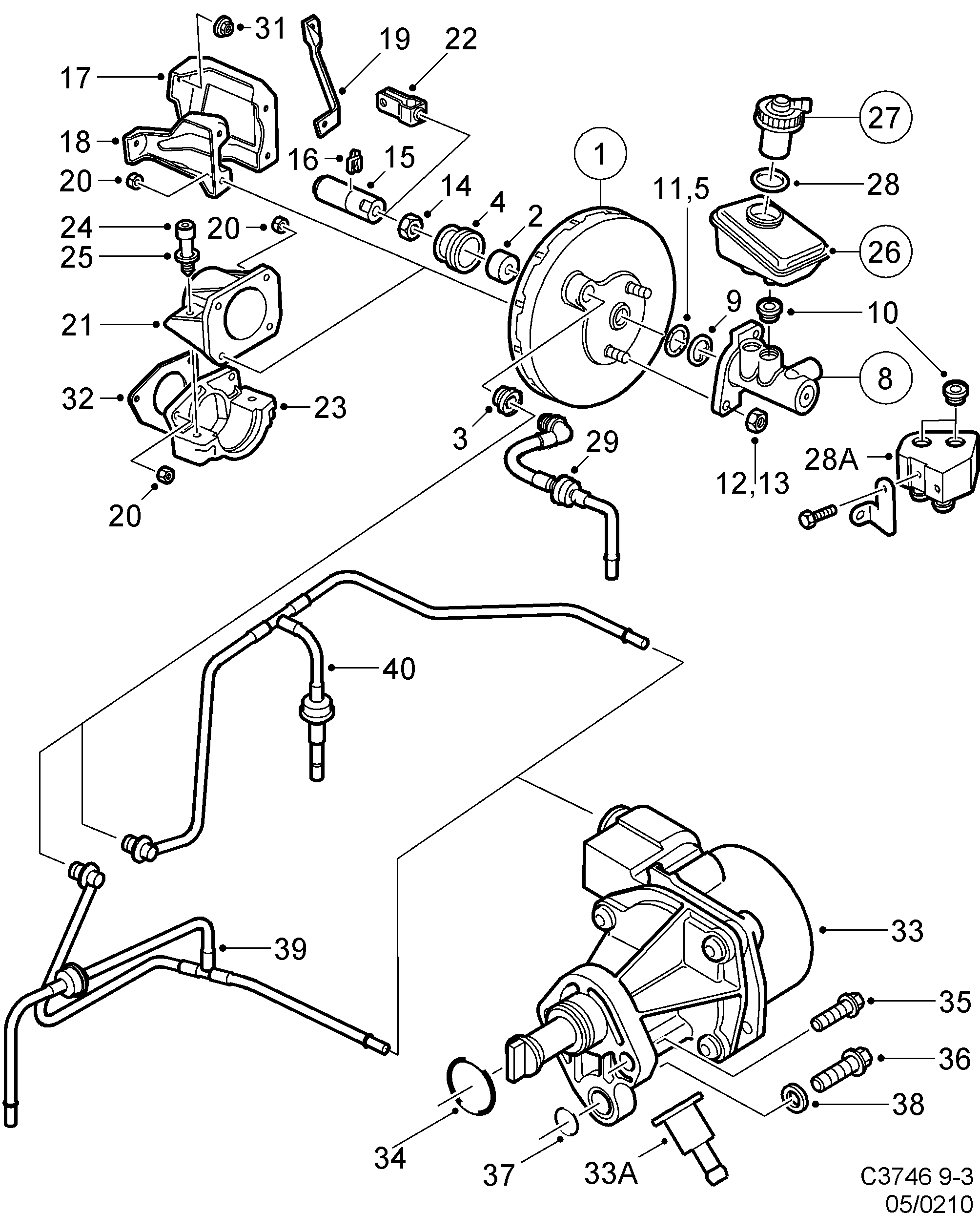 Saab 9-3 (9400) Master cylinder vacuum brake booster diagram