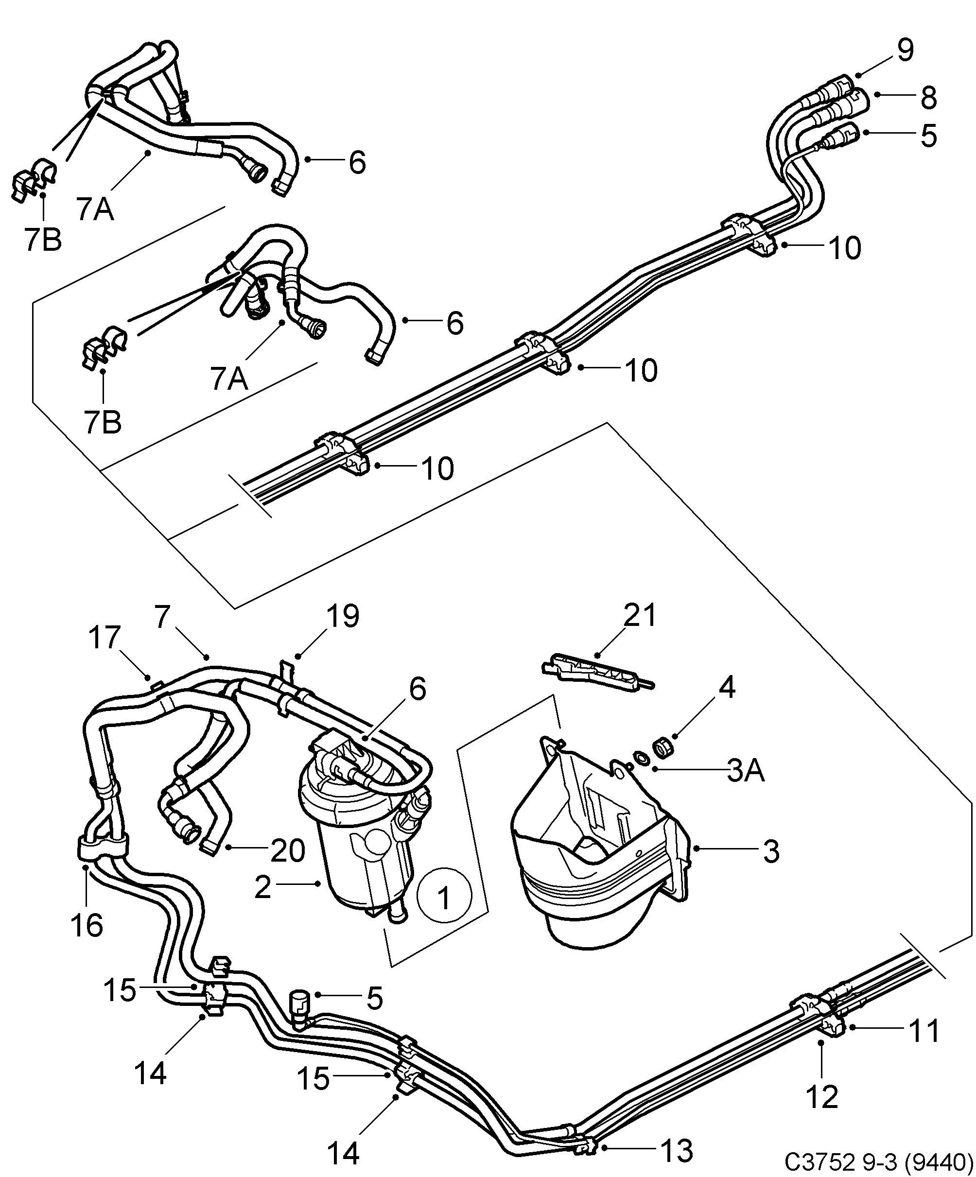Saab 9-3 (9440) Fuel pipe Fuel filter diagram