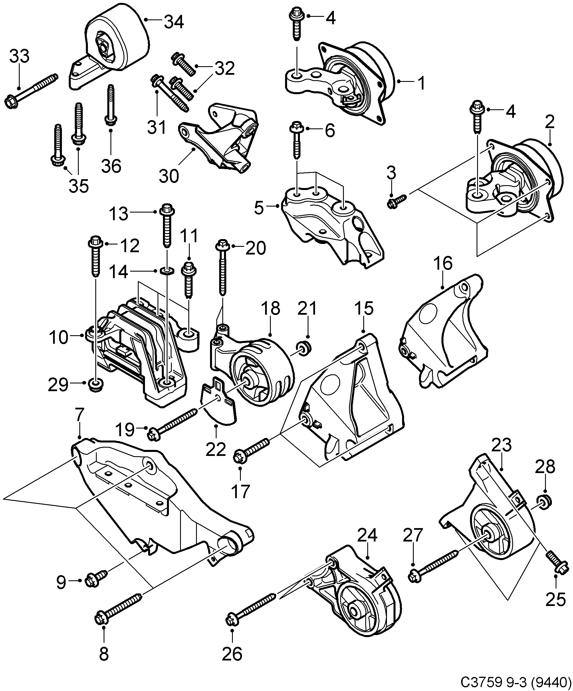 Saab 9-3 (9440) Engine suspension diagram
