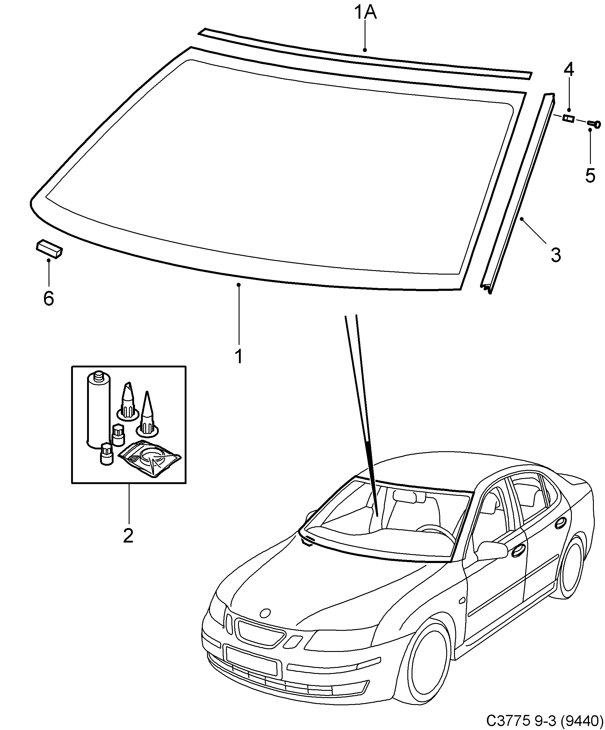 Saab 9-3 (9440) Windshield diagram