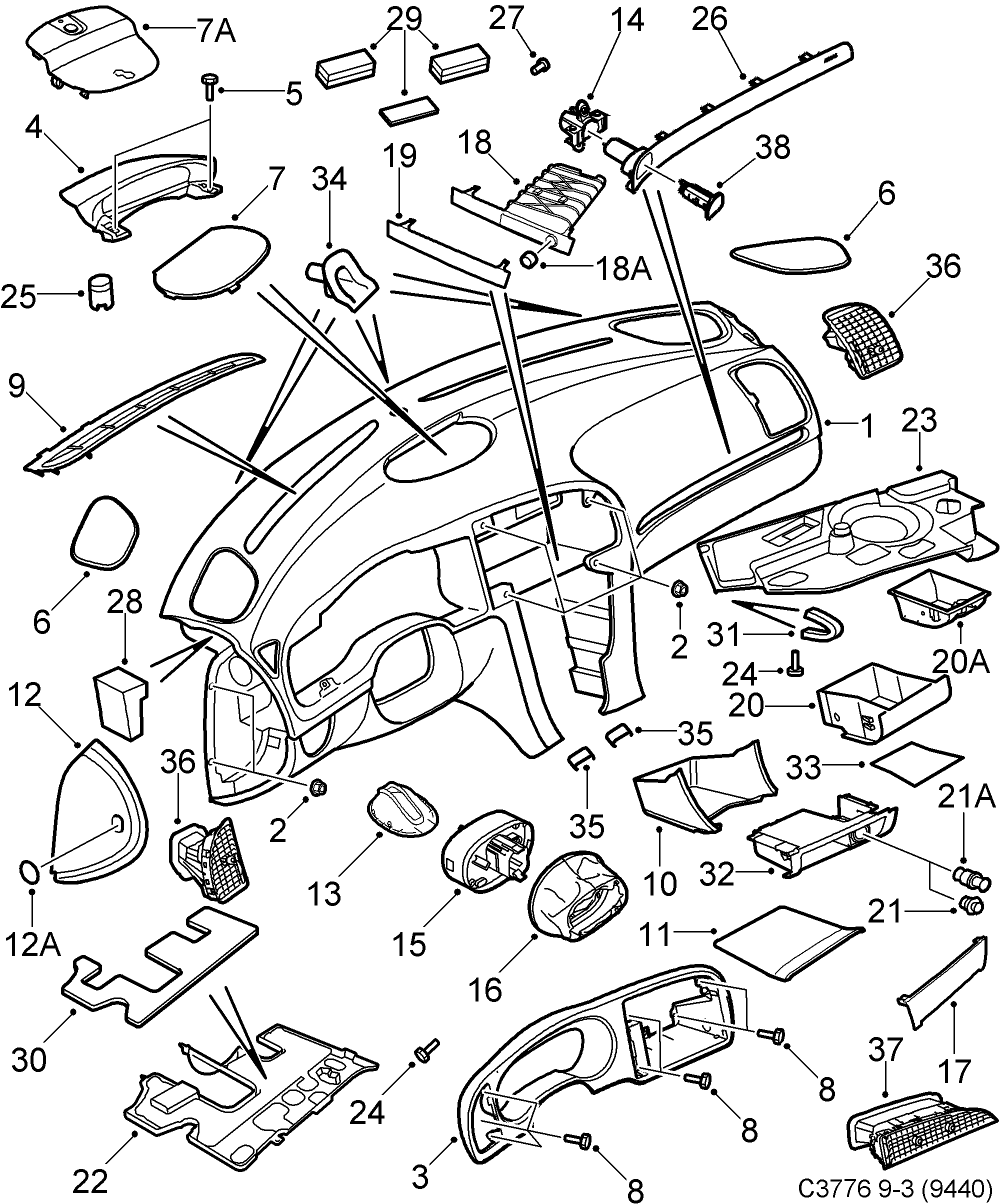 Saab 9-3 (9440) Panel Instrument plate diagram