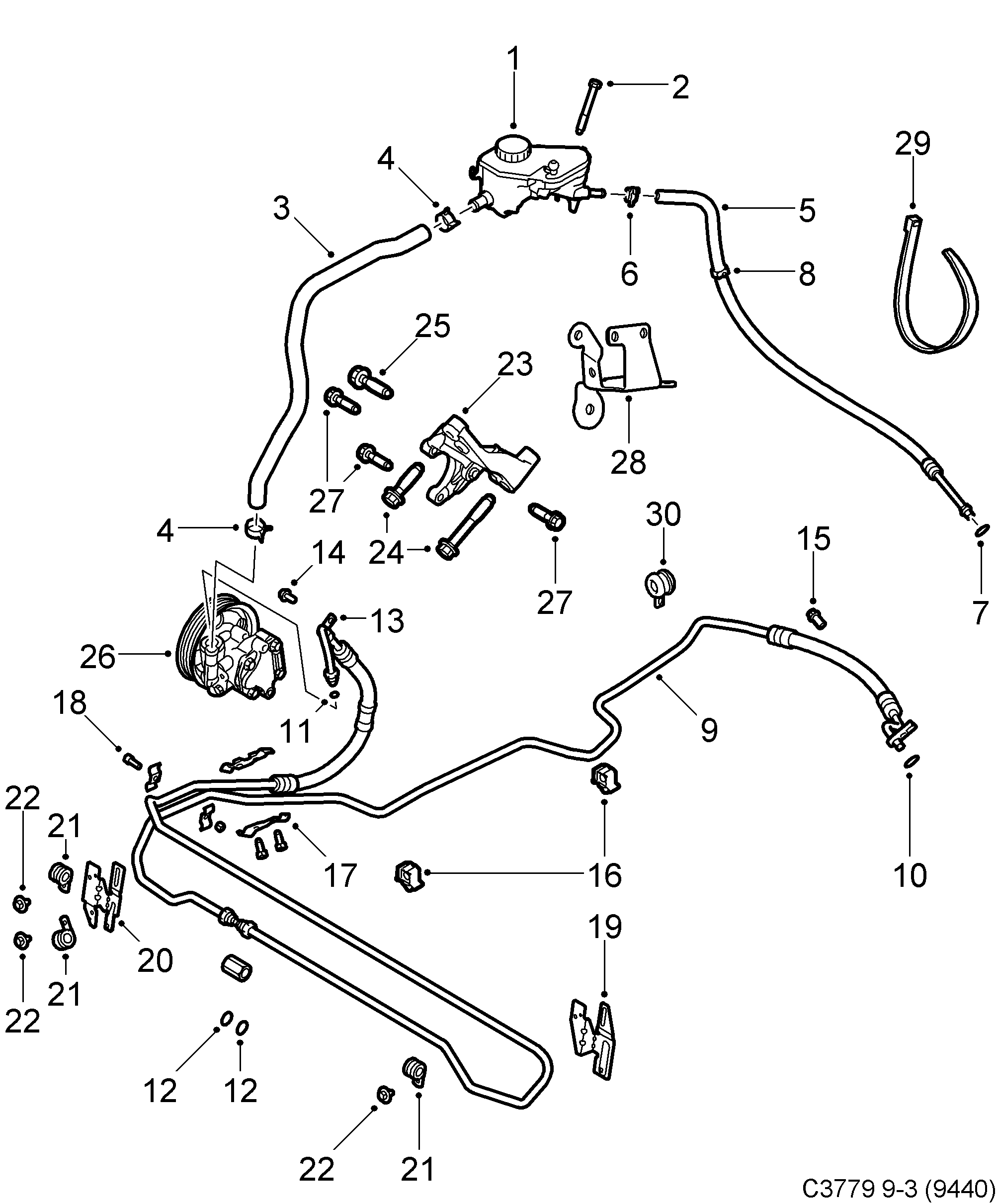 Saab 9-3 (9440) Hydraulic pump hoses diagram