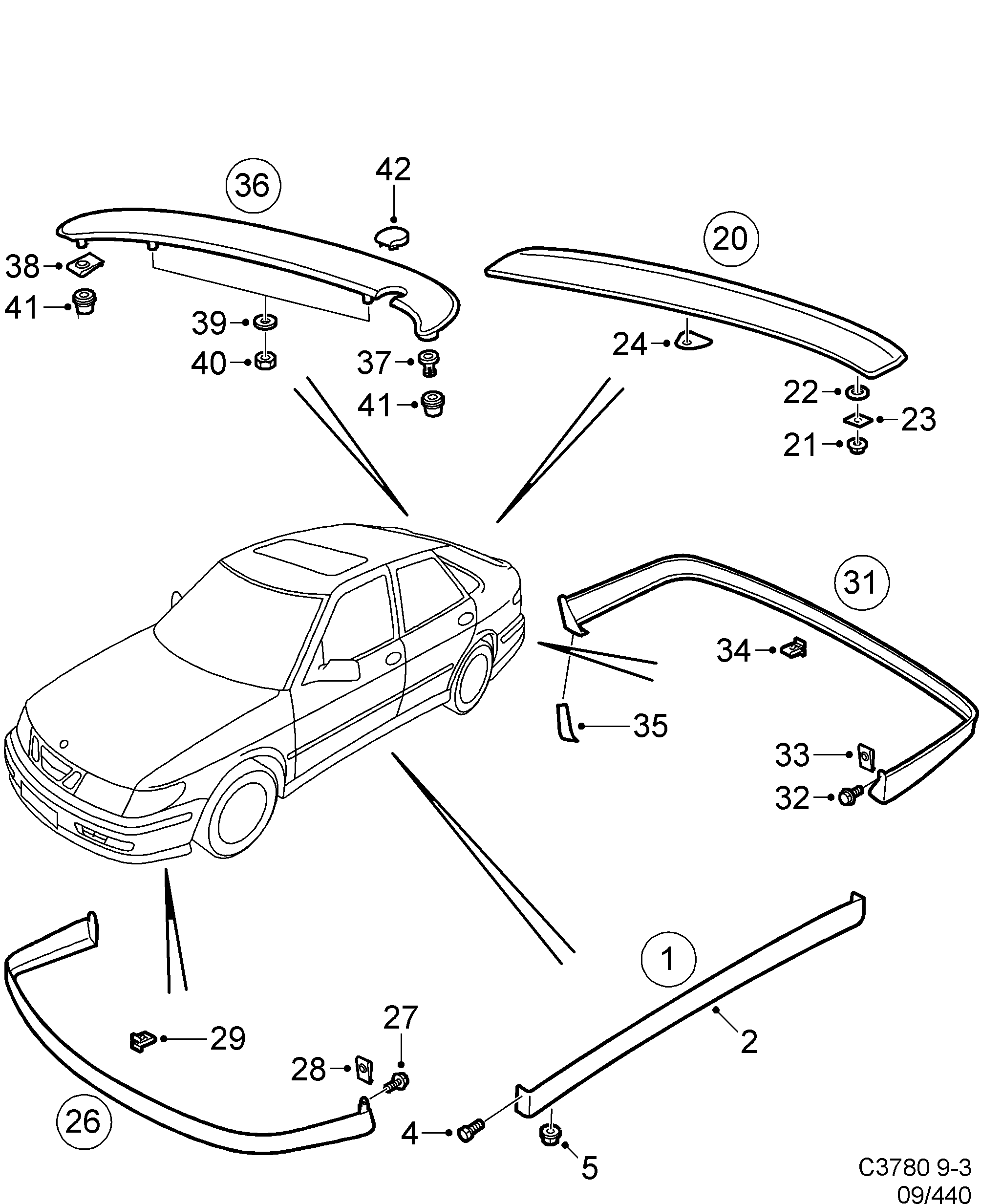 Saab 9-3 (9400) Spoiler Sill protection diagram