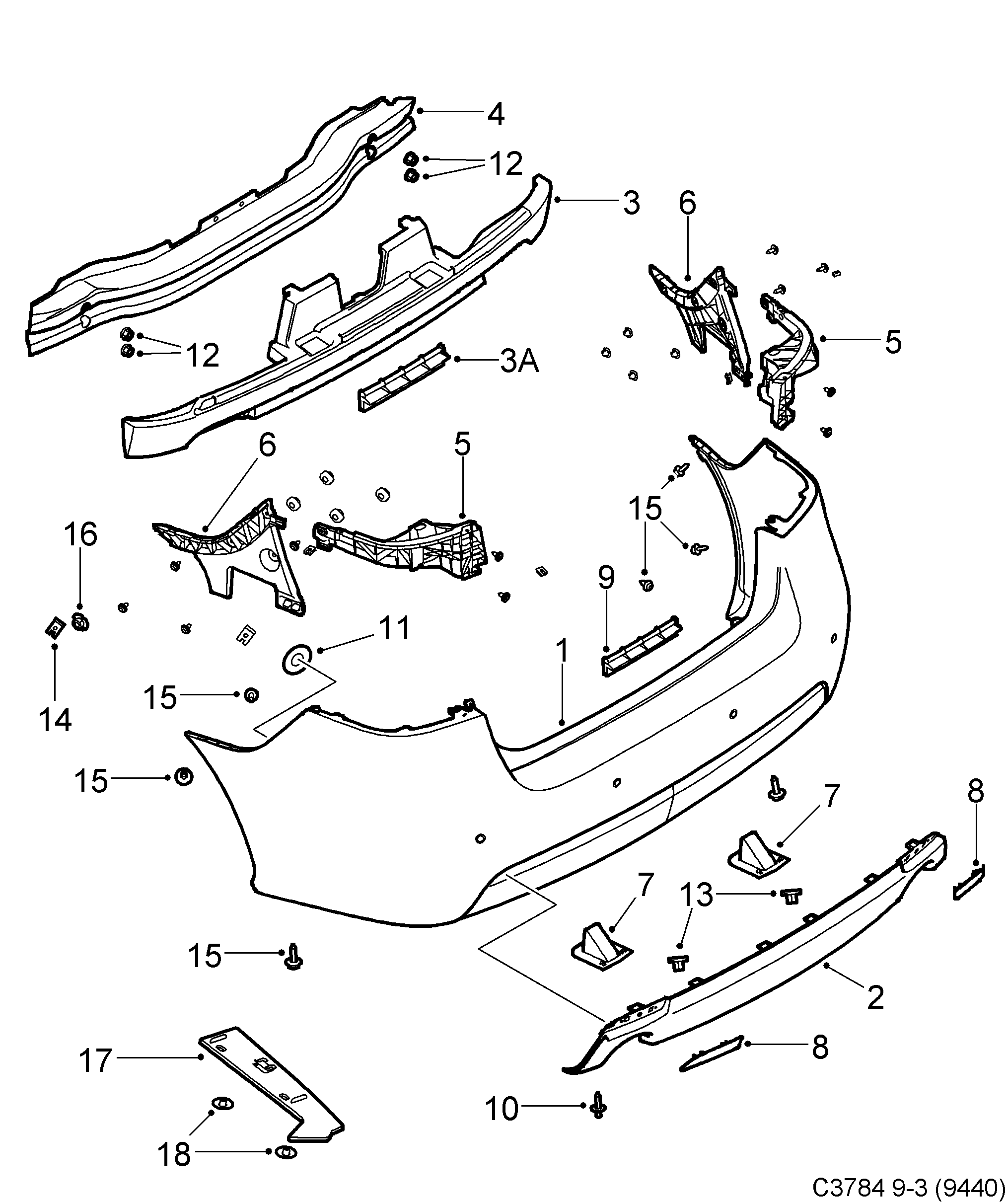 Saab 9-3 (9440) Bumper, rear diagram