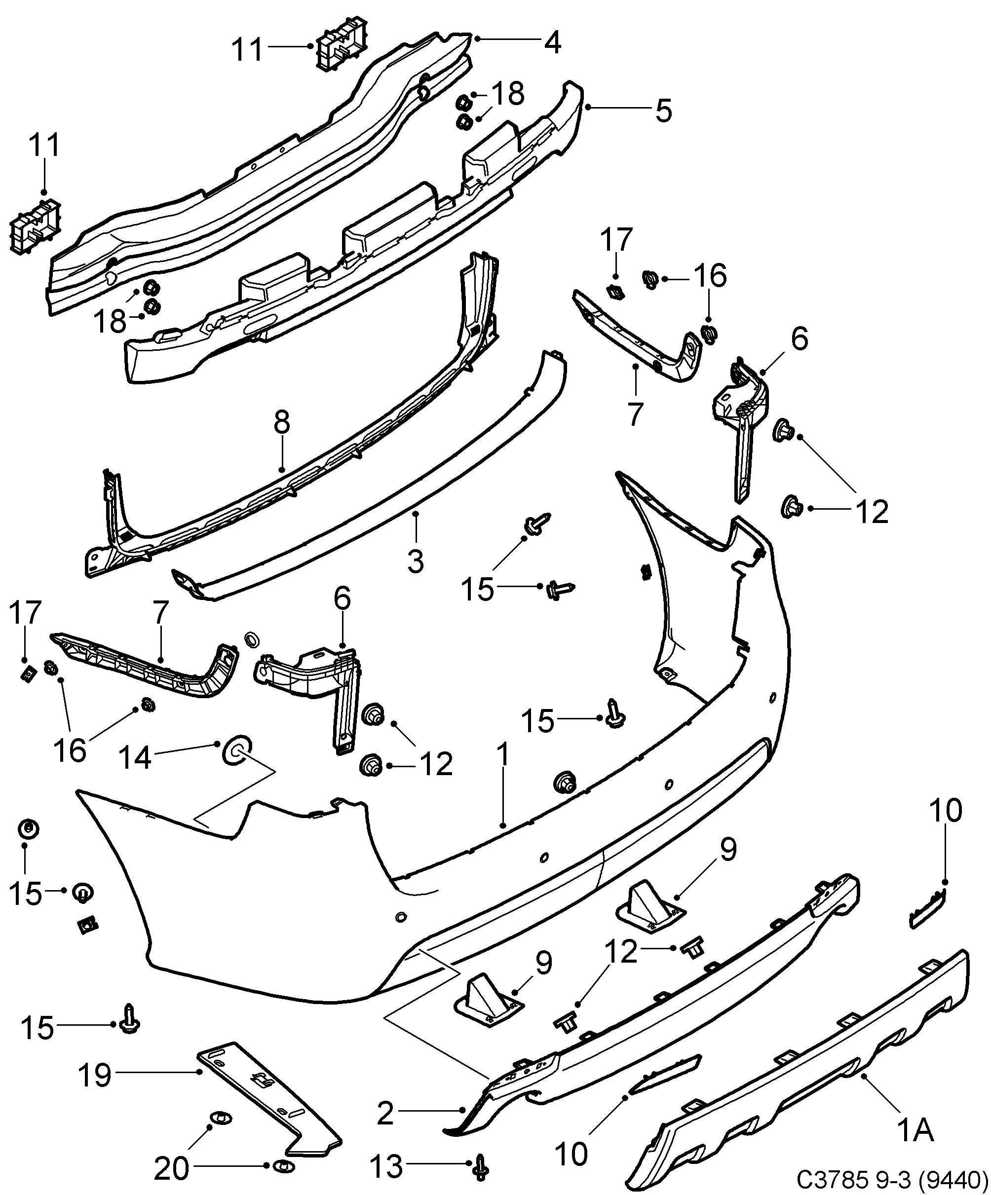 Saab 9-3 (9440) Bumper, rear diagram