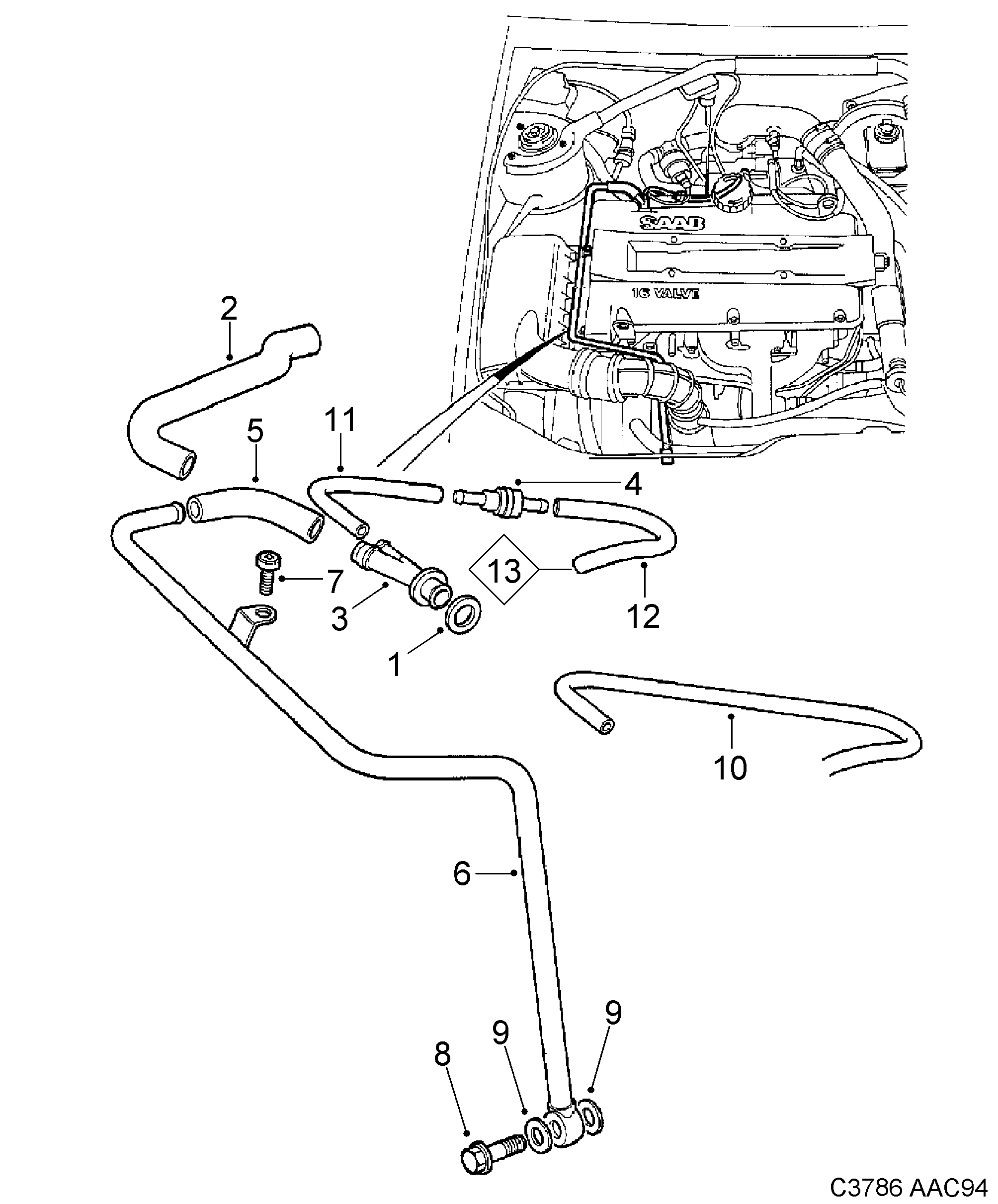 Saab 900 Crank case ventilation 4-cylinder diagram