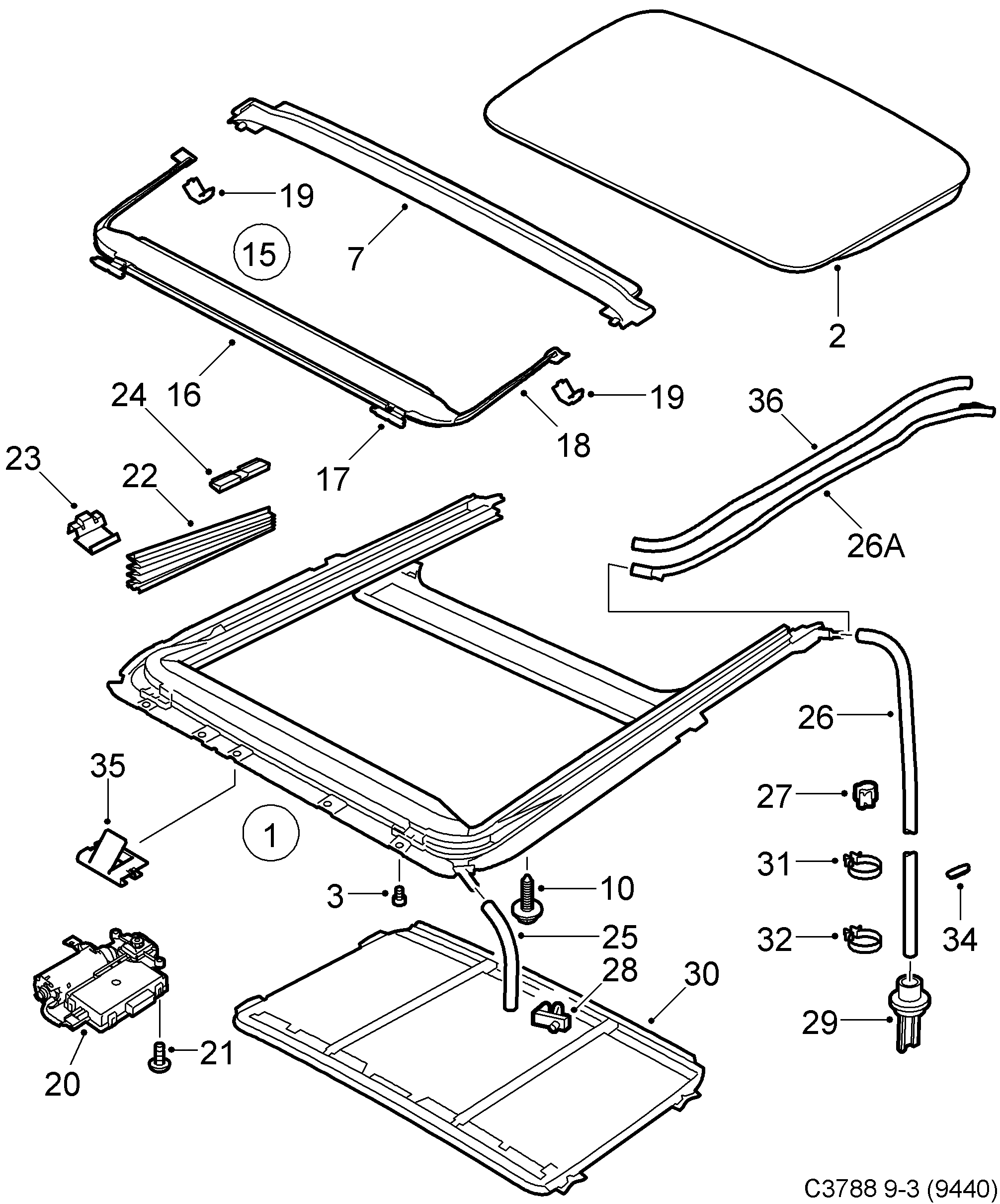 Saab 9-3 (9440) Sun roof diagram