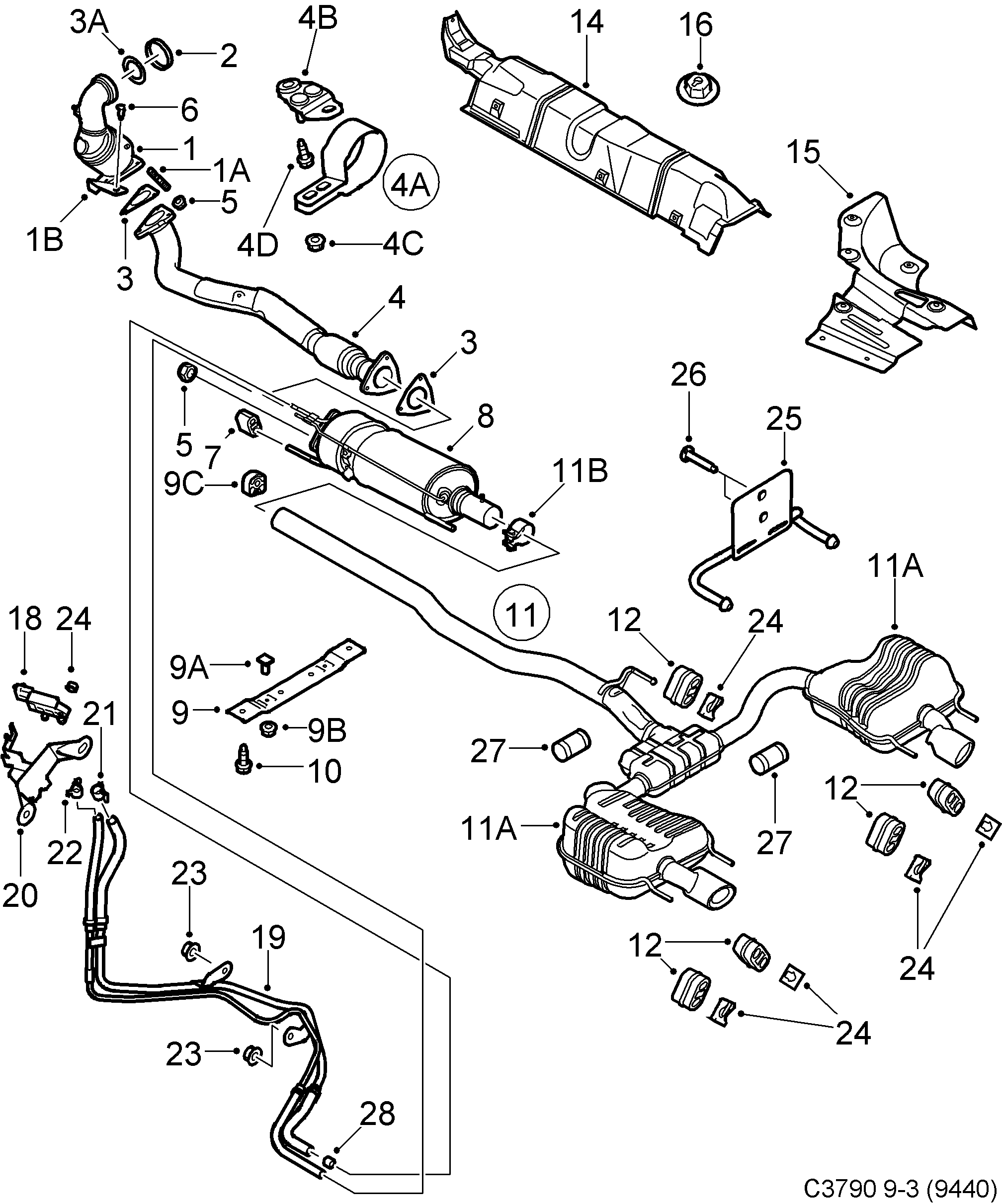 Saab 9-3 (9440) Exhaust system diagram