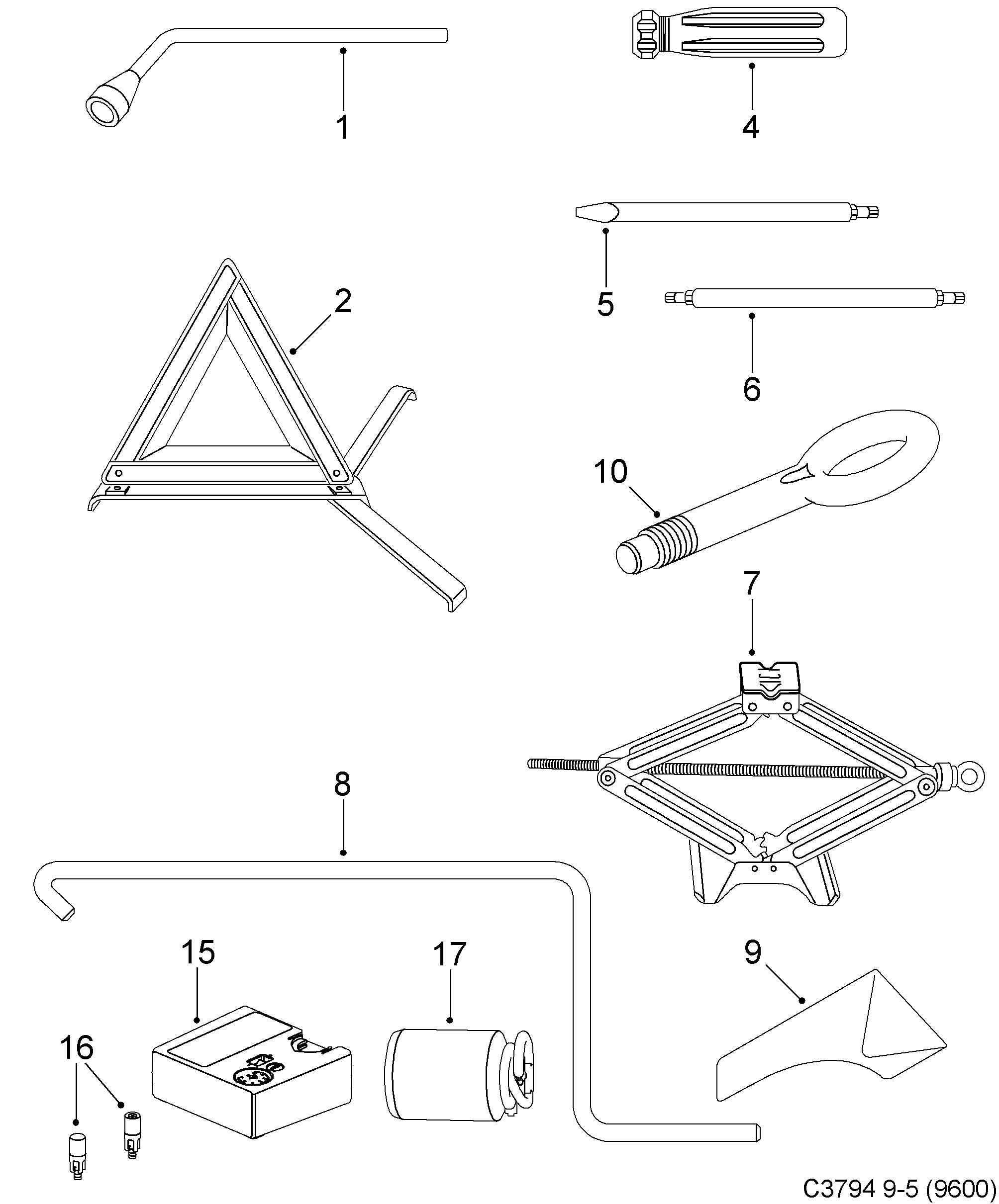 Saab 9-5 (9600) Tool kit diagram