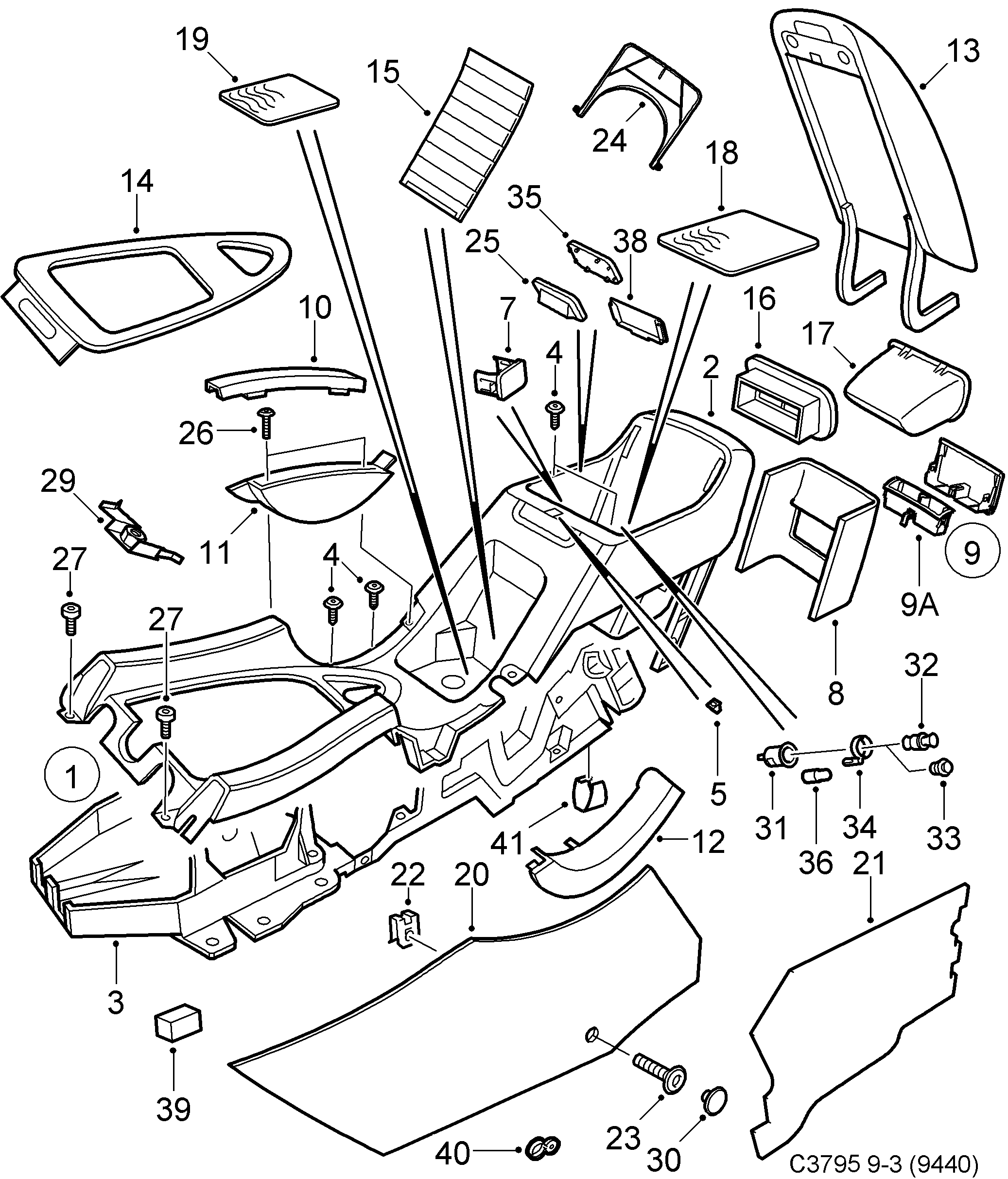 Saab 9-3 (9440) Centre console diagram
