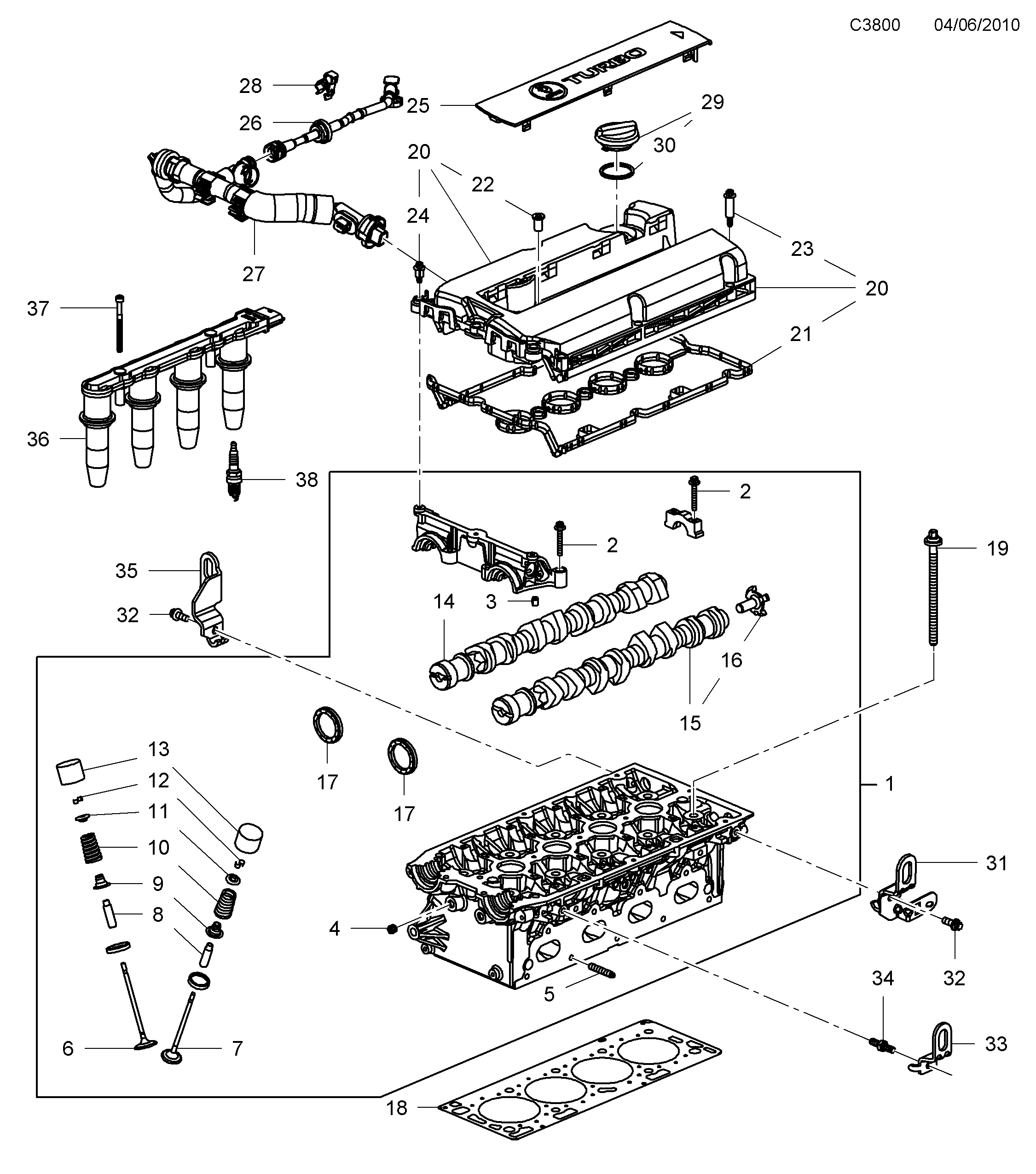 Saab 9-5 (650) Cylinder head - Valve cover diagram