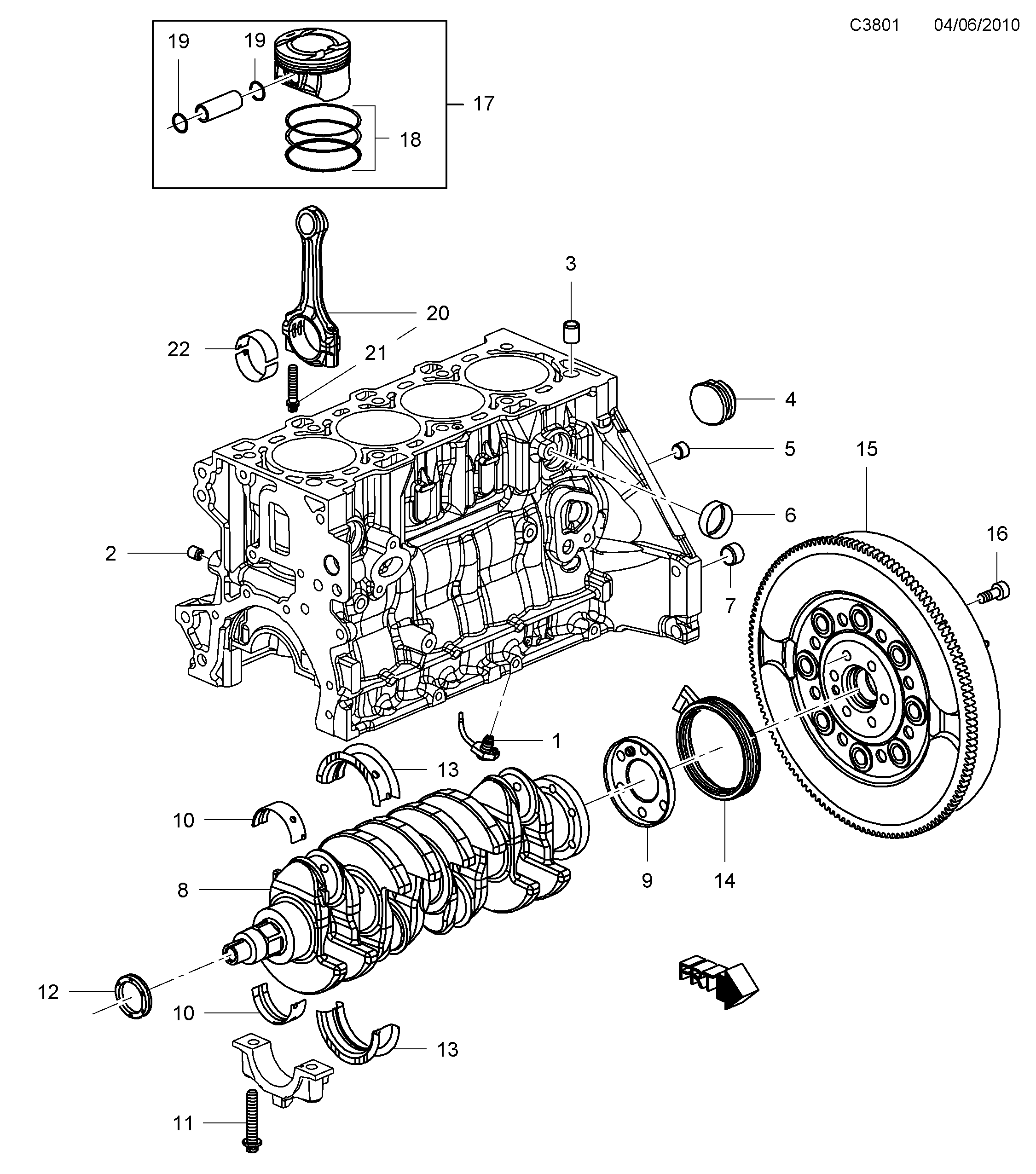 Saab 9-5 (650) Cylinder block Crankshaft and piston diagram