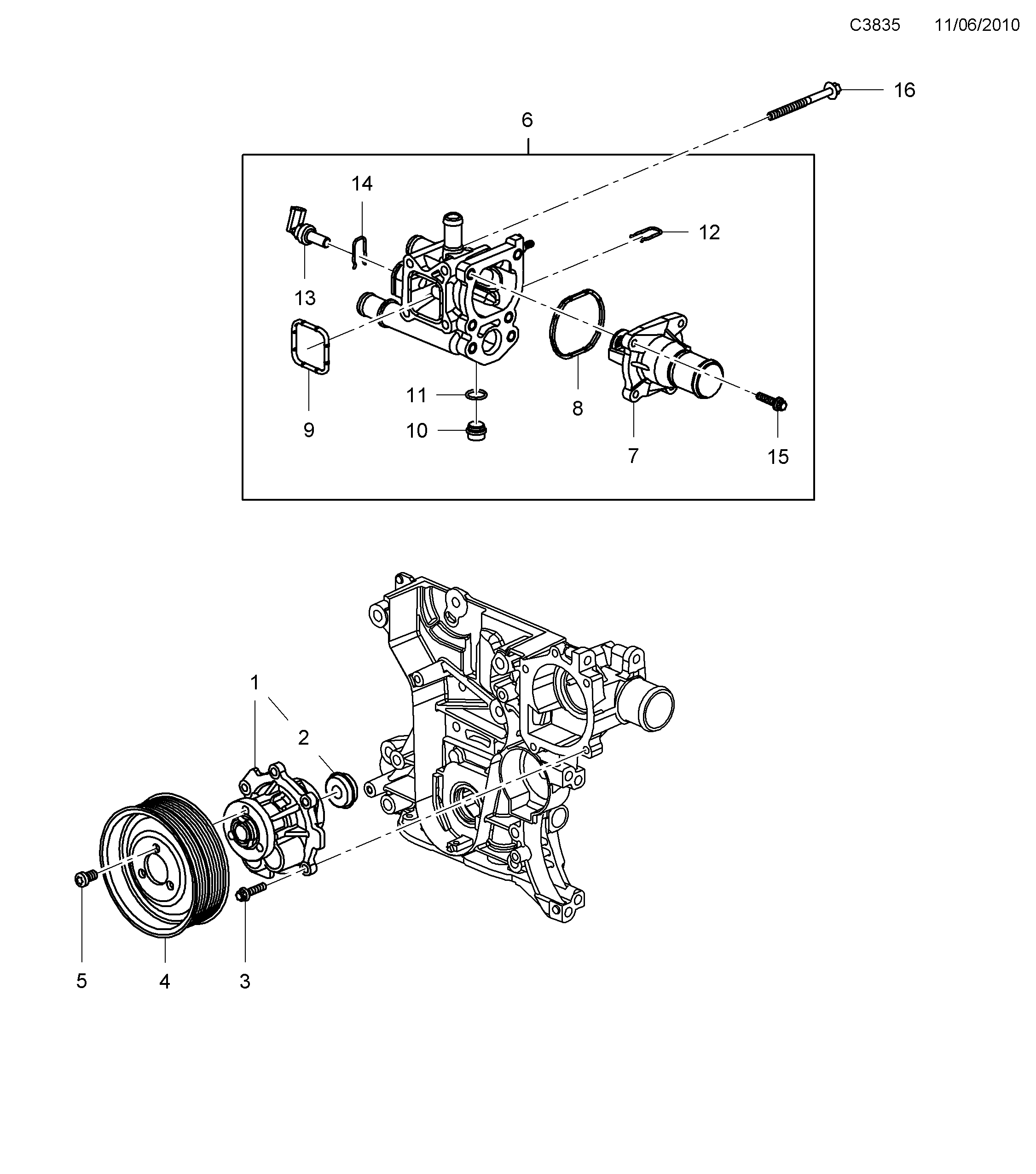 Saab 9-5 (650) Coolant pump Thermostat diagram