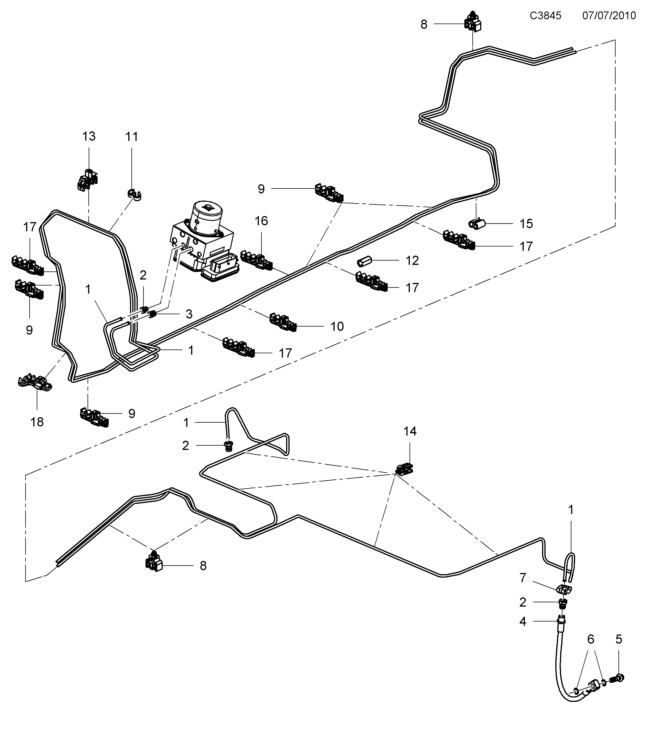 Saab 9-5 (650) Brake lines Center and rear diagram
