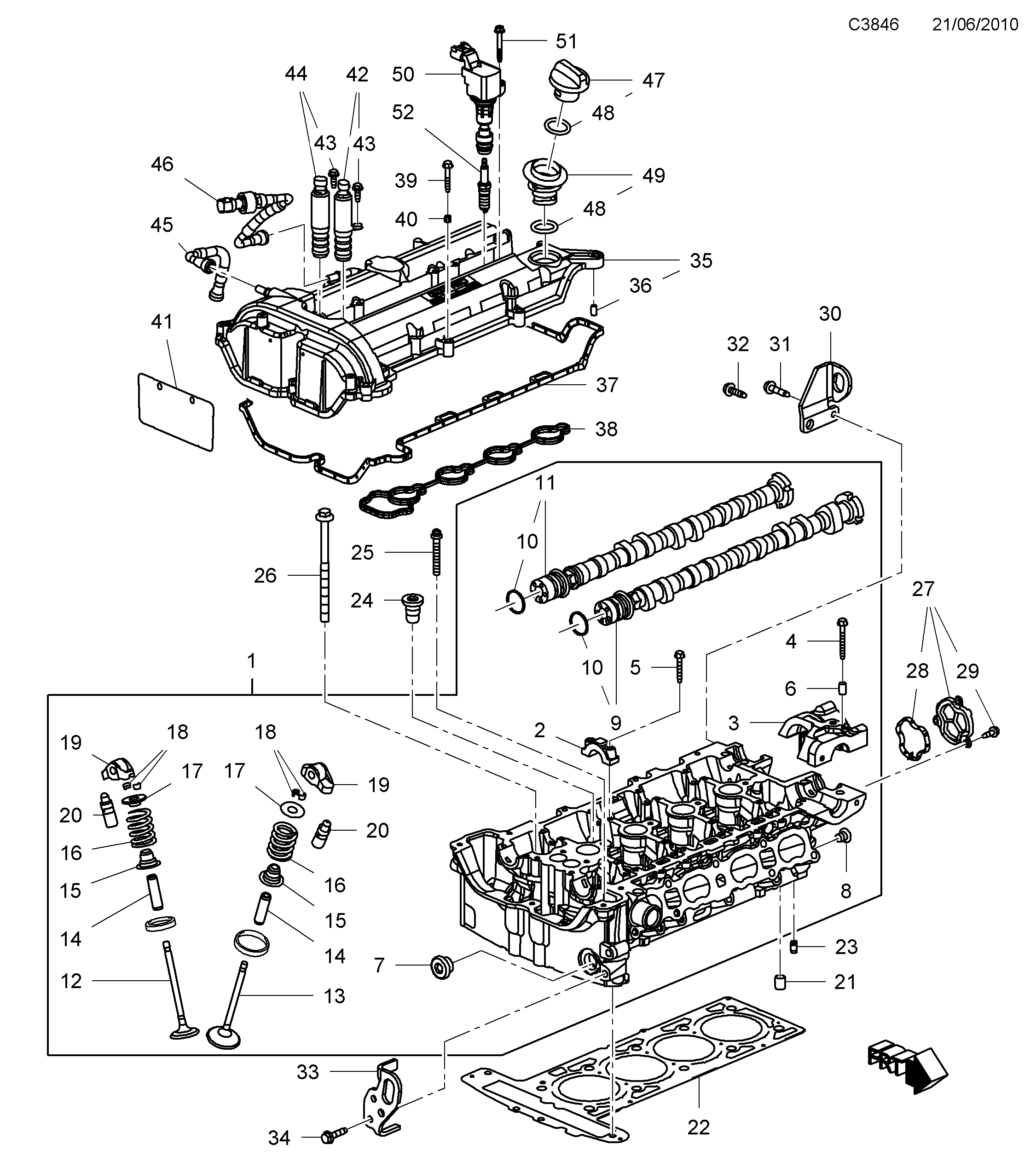 Saab 9-5 (650) Cylinder head - Valve cover diagram