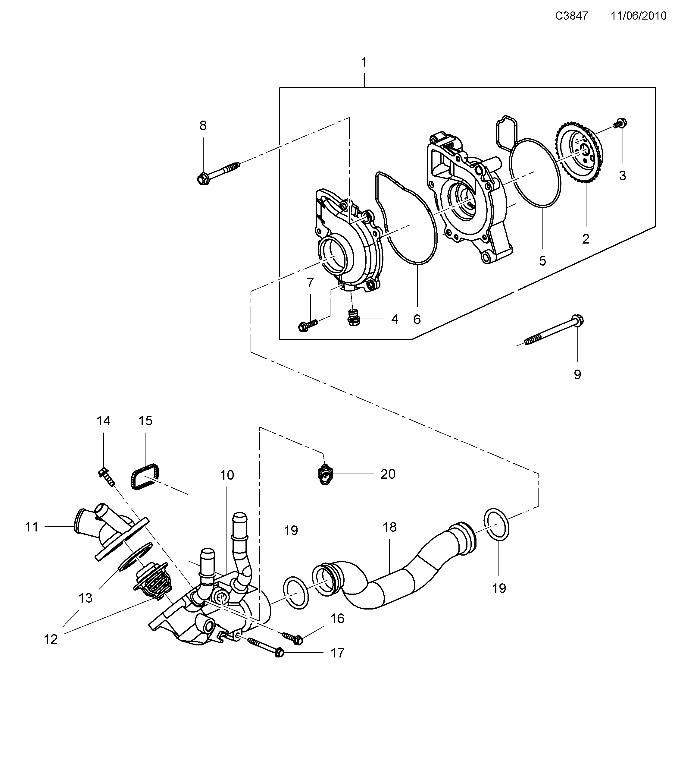 Saab 9-5 (650) Coolant pump Thermostat diagram