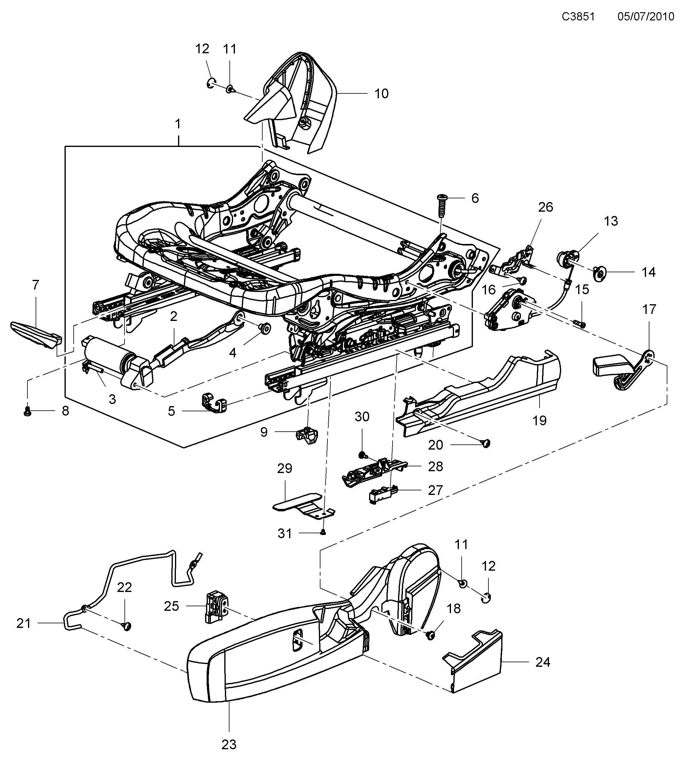 Saab 9-5 (650) Cushion frame Manual, 4-way diagram