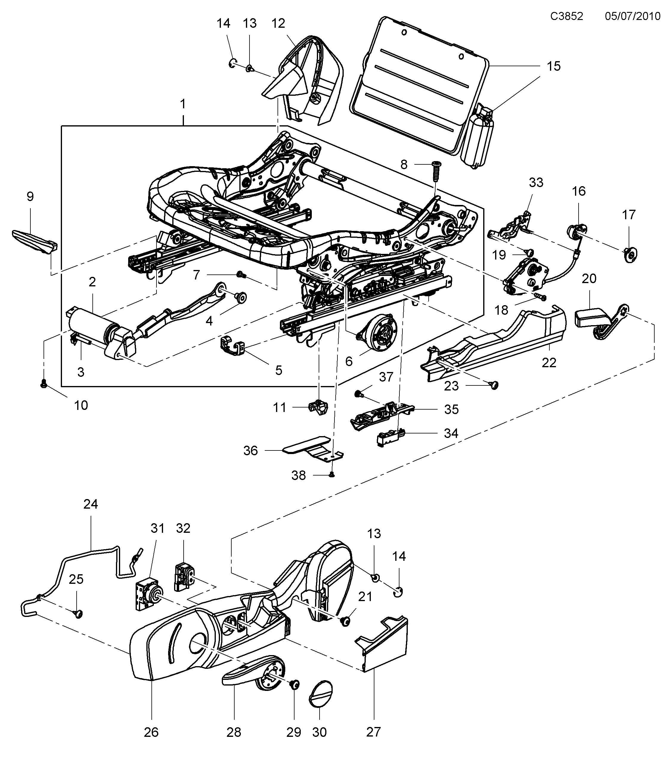 Saab 9-5 (650) Cushion frame Manual, 6-way diagram