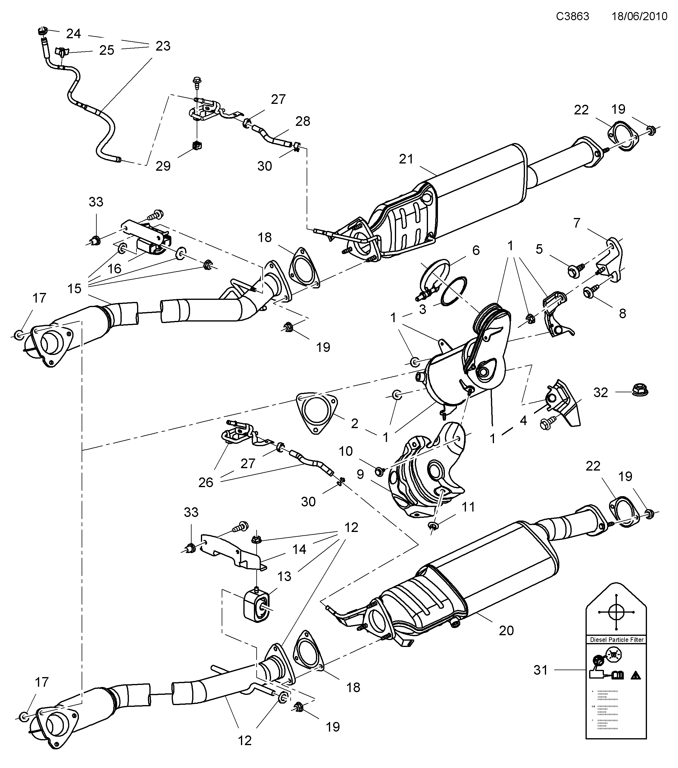 Saab 9-5 (650) Exhaust system Front diagram