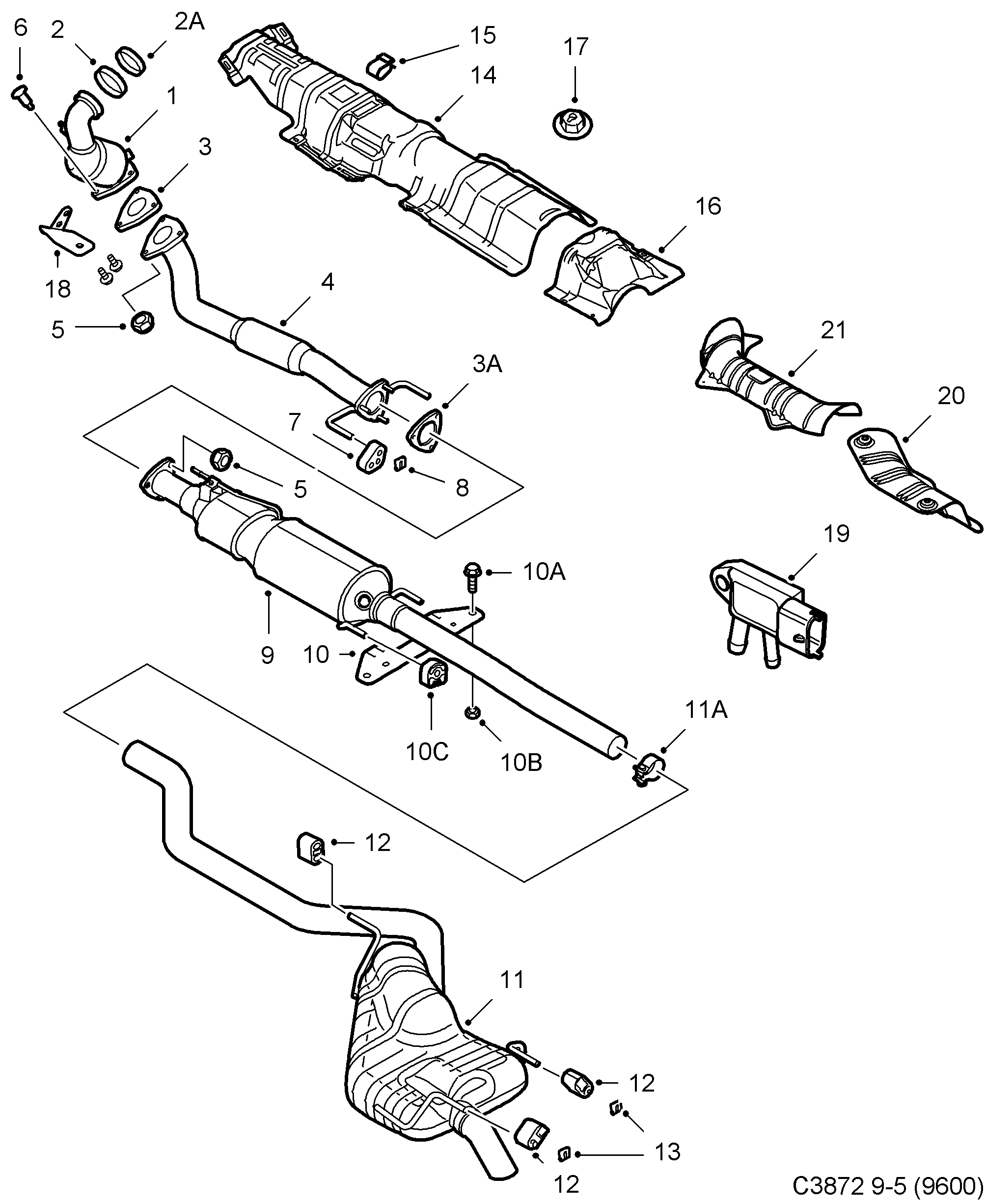 Saab 9-5 (9600) Exhaust system diagram