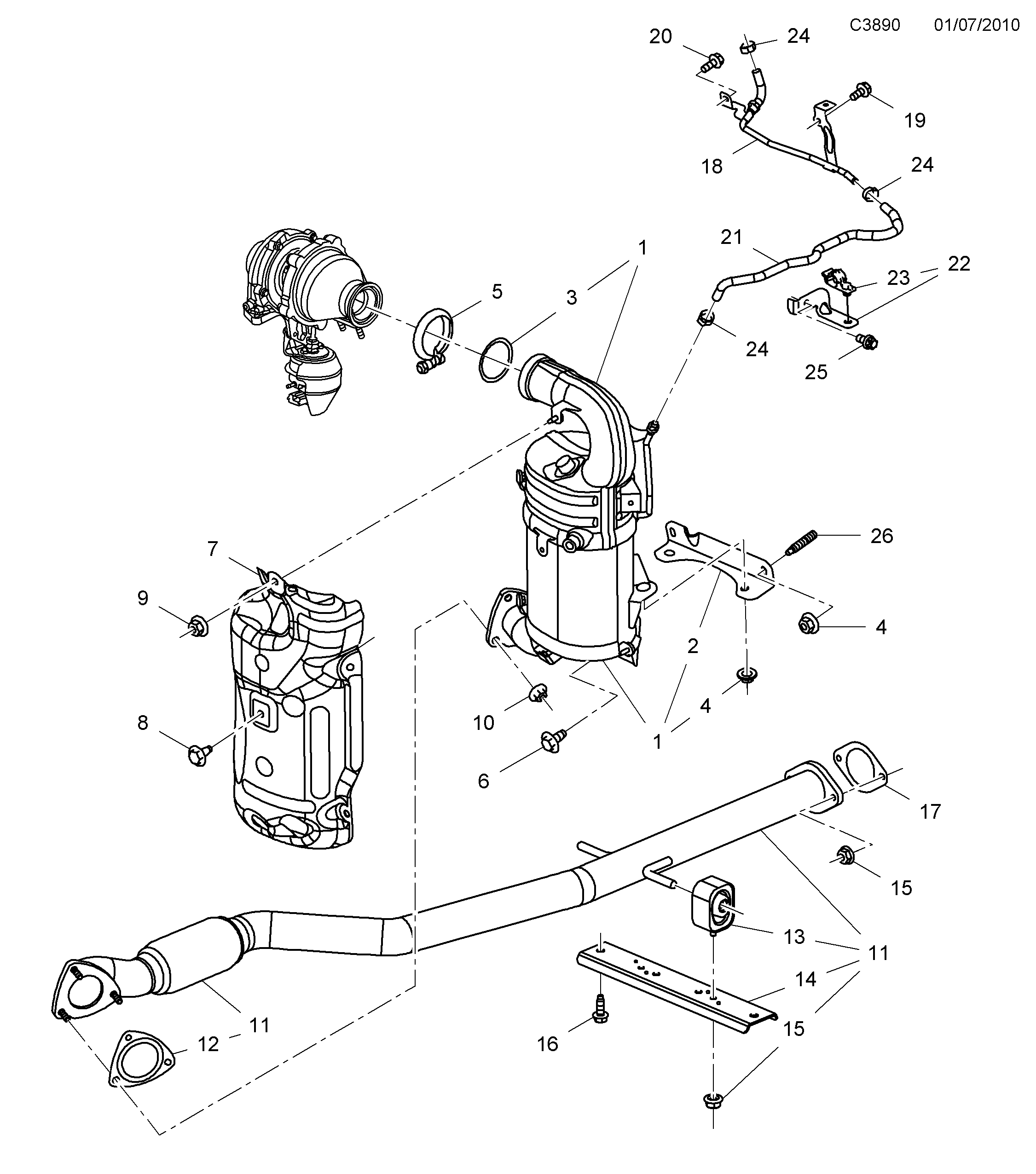 Saab 9-5 (650) Exhaust system Front diagram