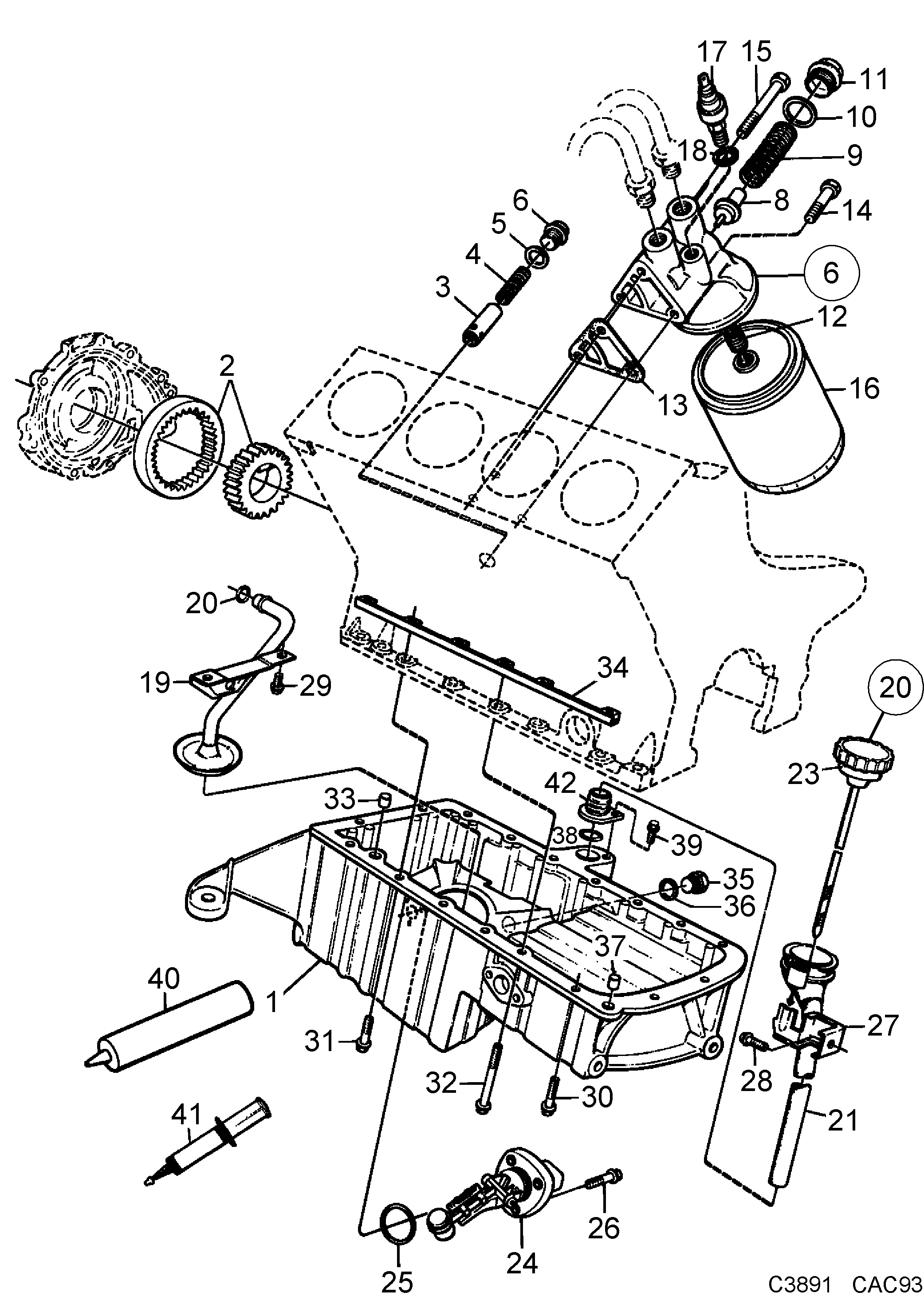 Saab 9000 Oil pump, oil filter, diagram