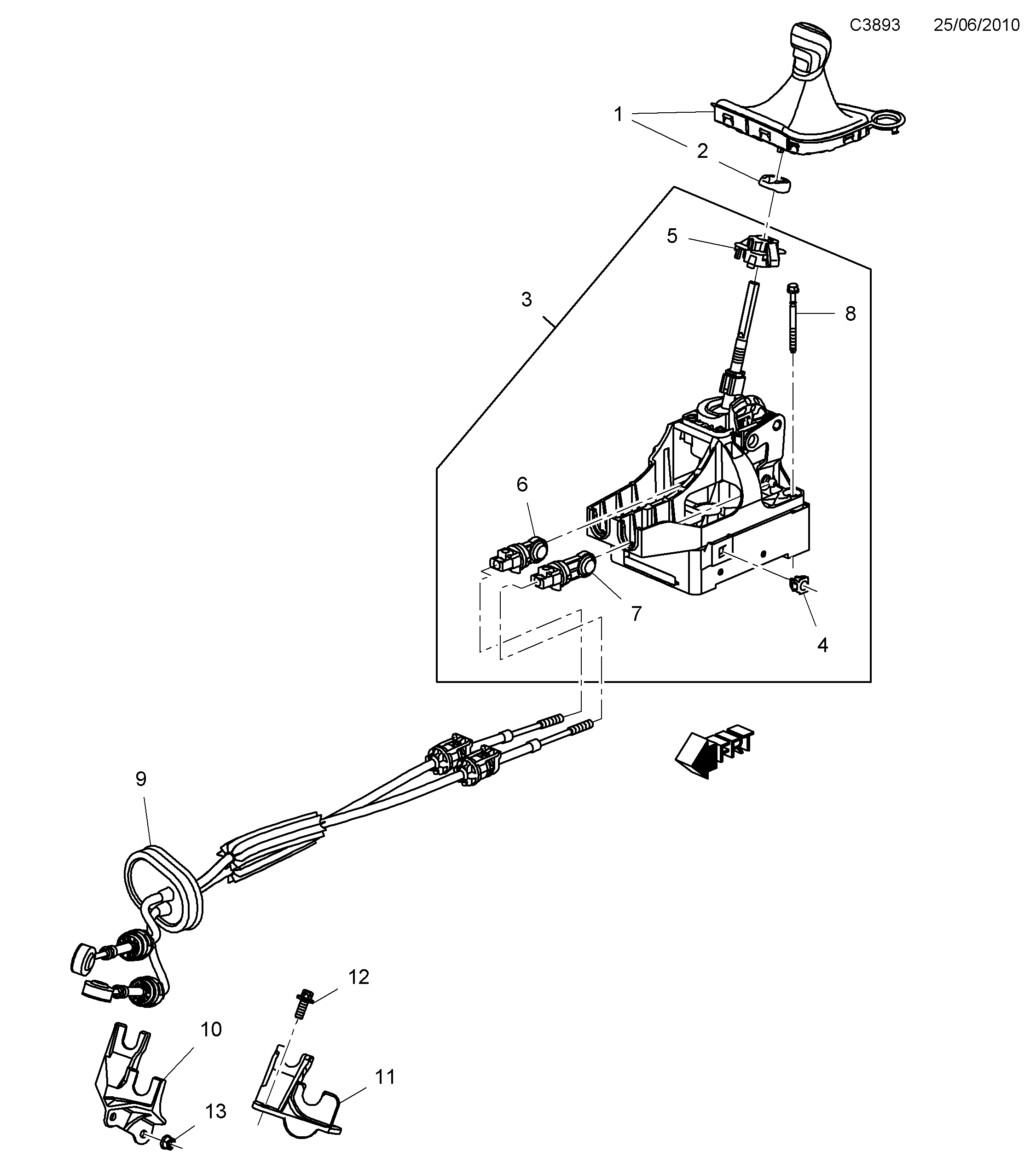 Saab 9-5 (650) Gear shift housing Shift lever diagram