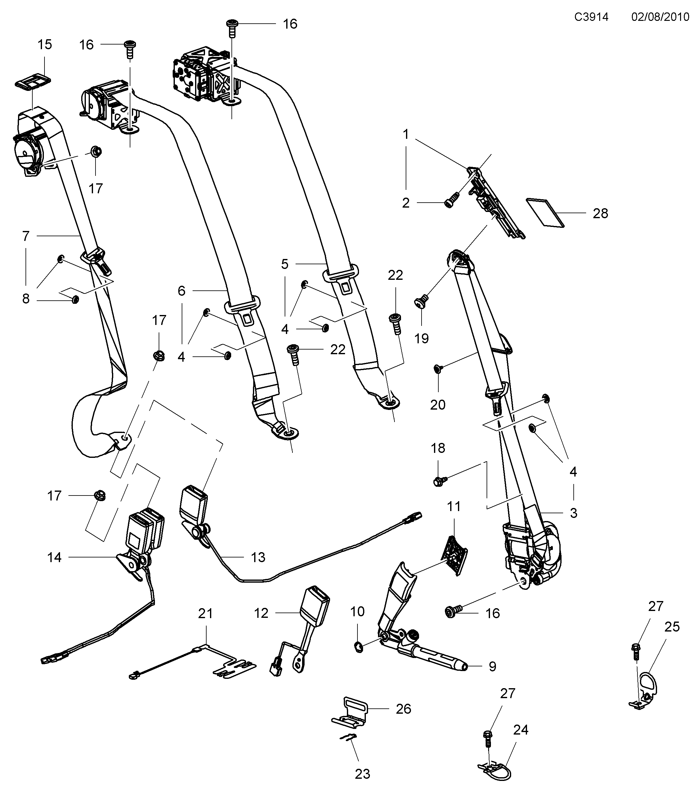Saab 9-5 (650) Safety belt diagram