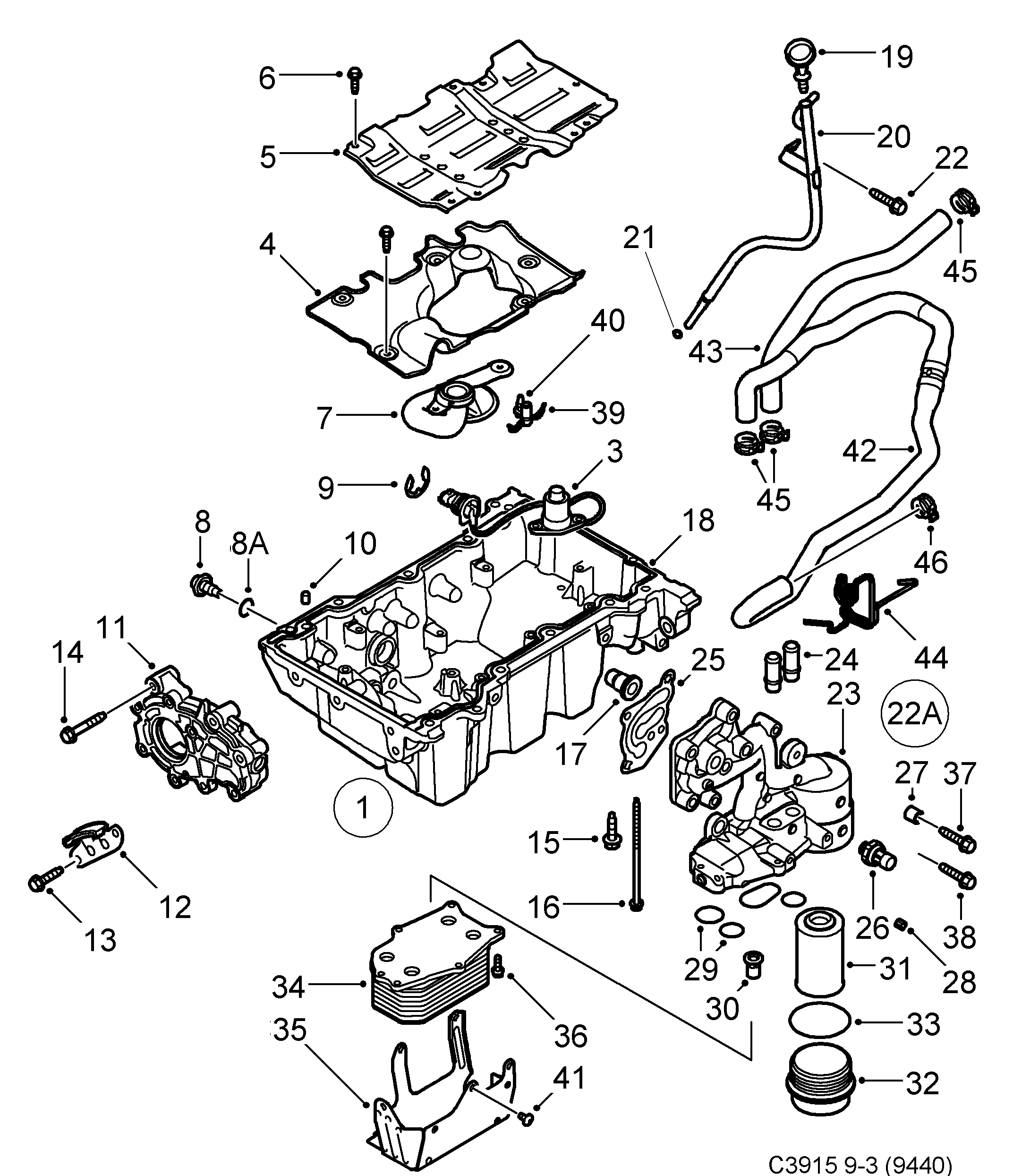 Saab 9-3 (9440) Oil pan, oil filter diagram
