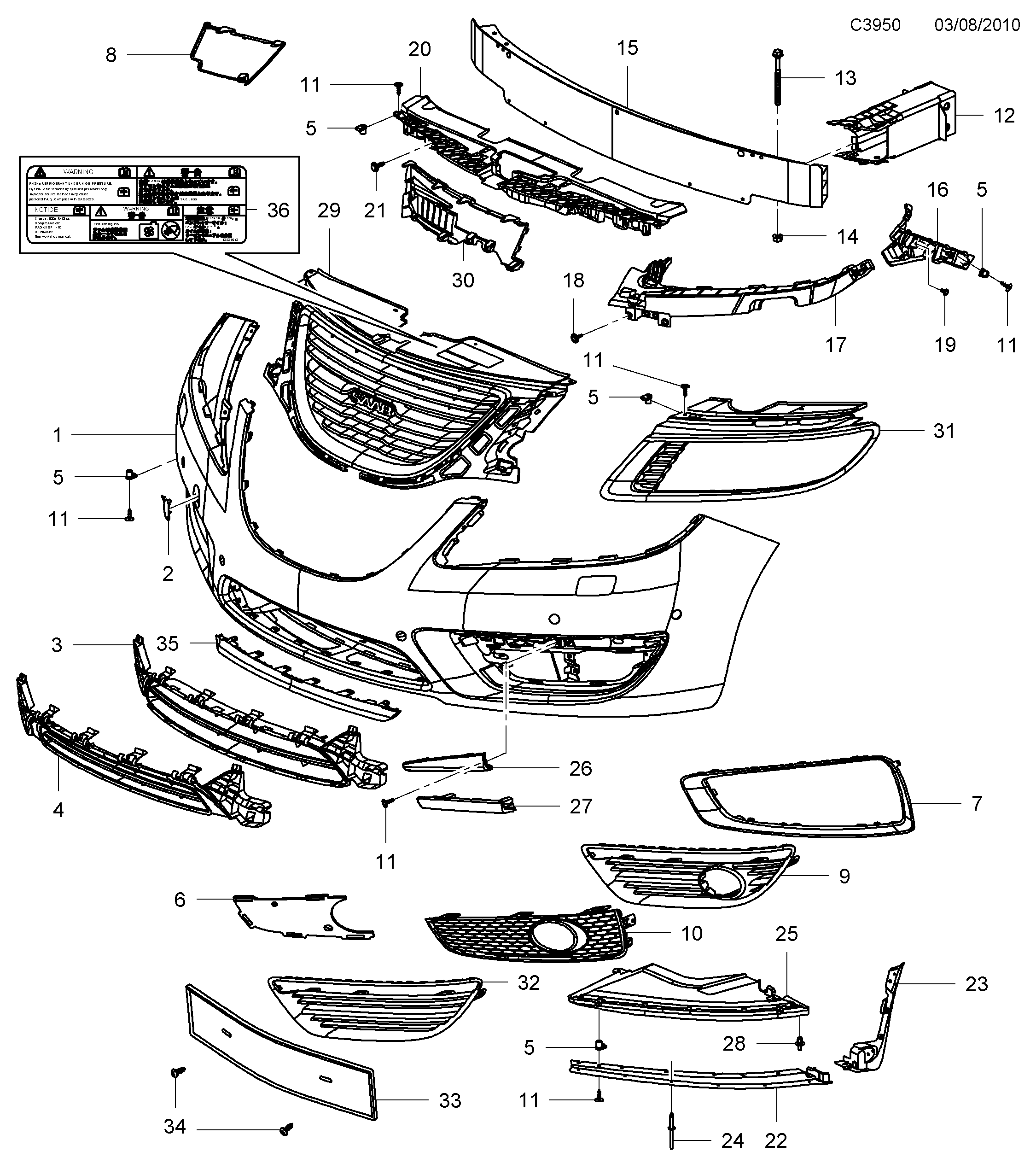 Saab 9-5 (650) Bumper, front diagram