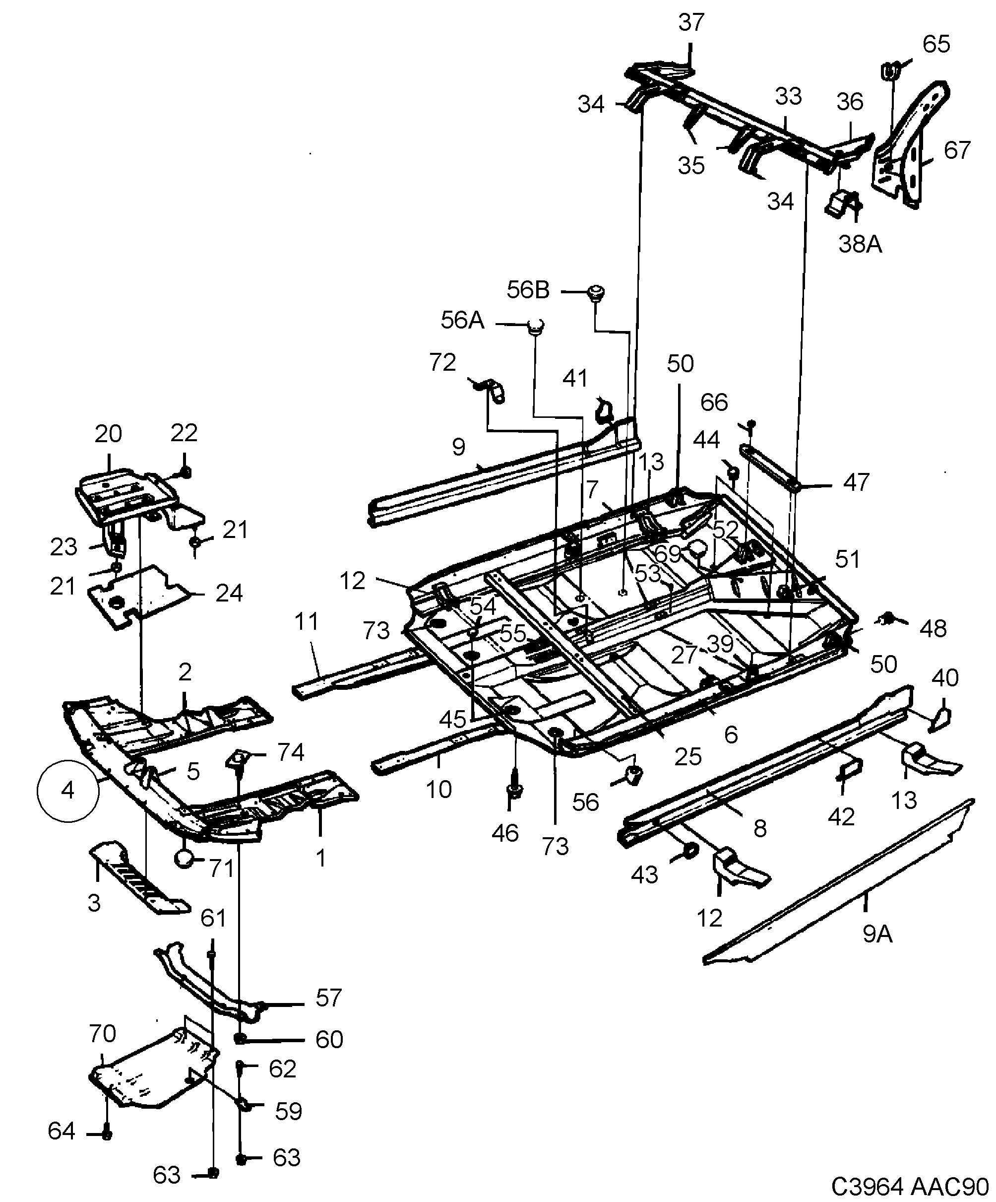 Saab 900 Front and centre floor diagram