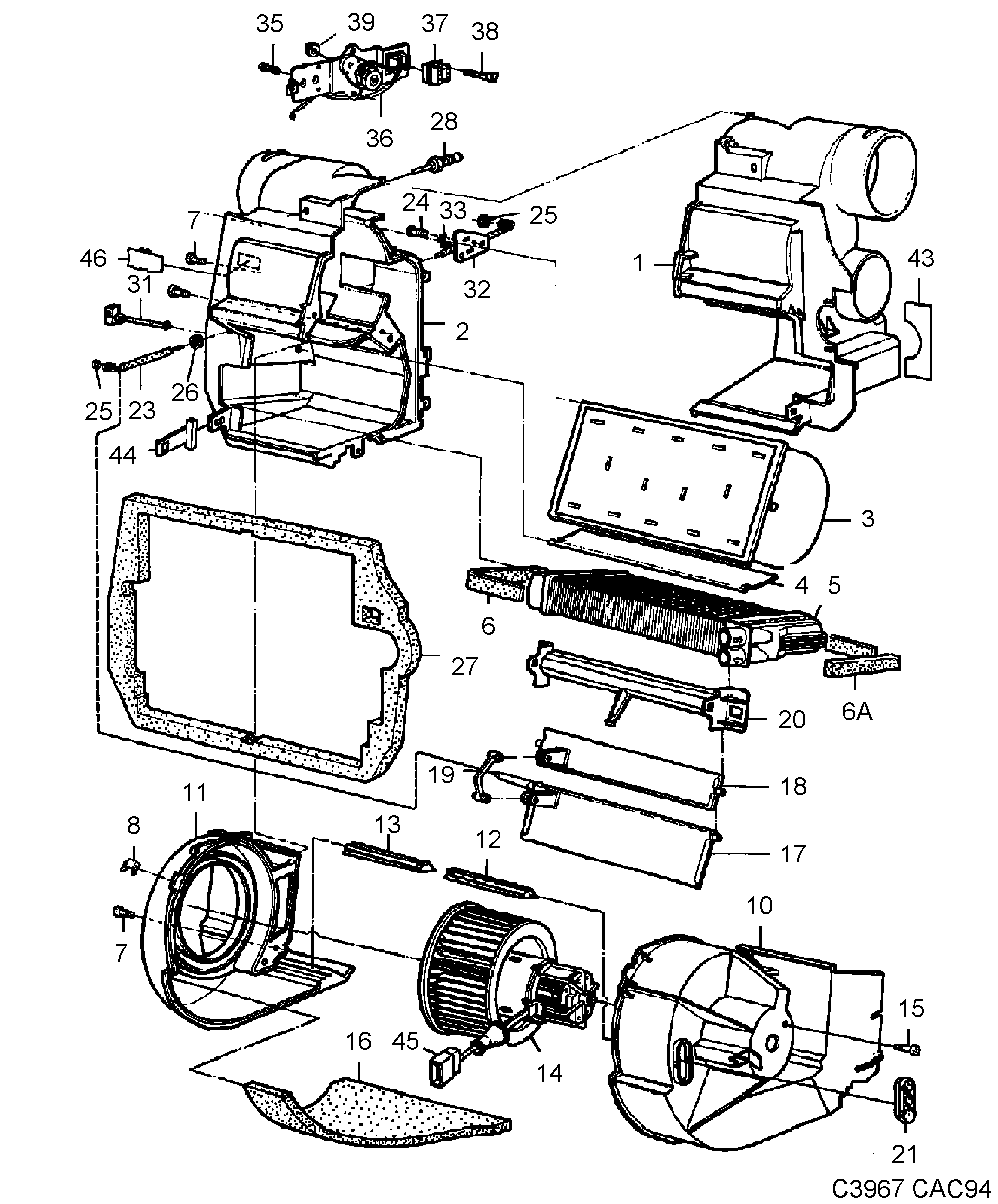 Saab 9000 Heat exchanger, servo Fan unit, ACC diagram