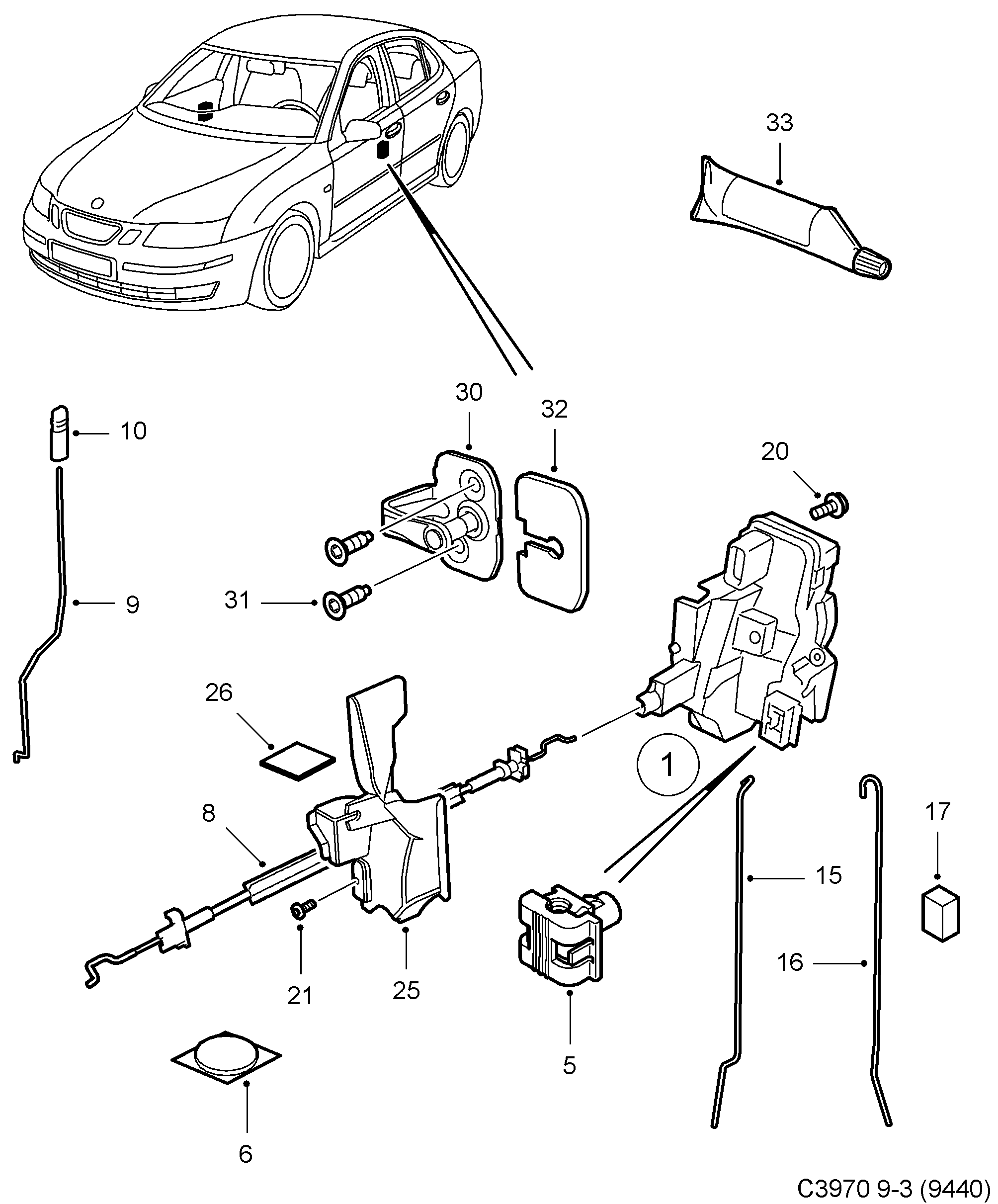 Saab 9-3 (9440) Door lock Front door diagram