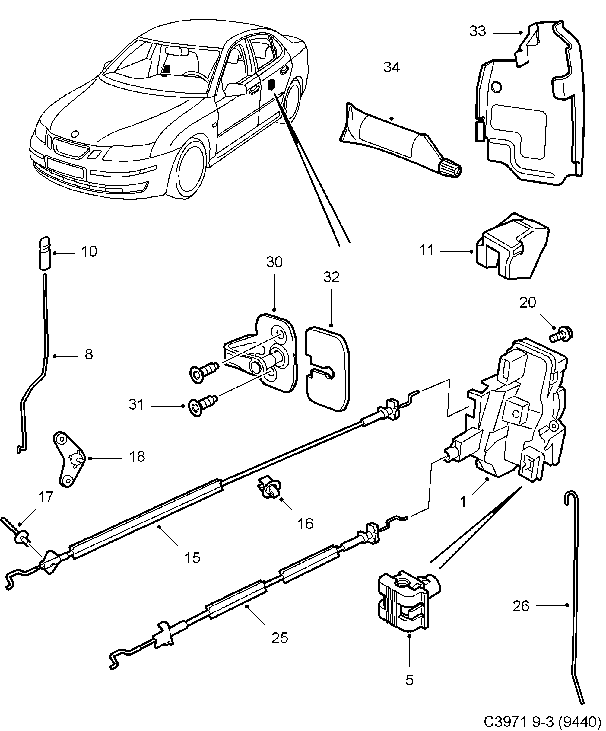 Saab 9-3 (9440) Door lock Rear door diagram