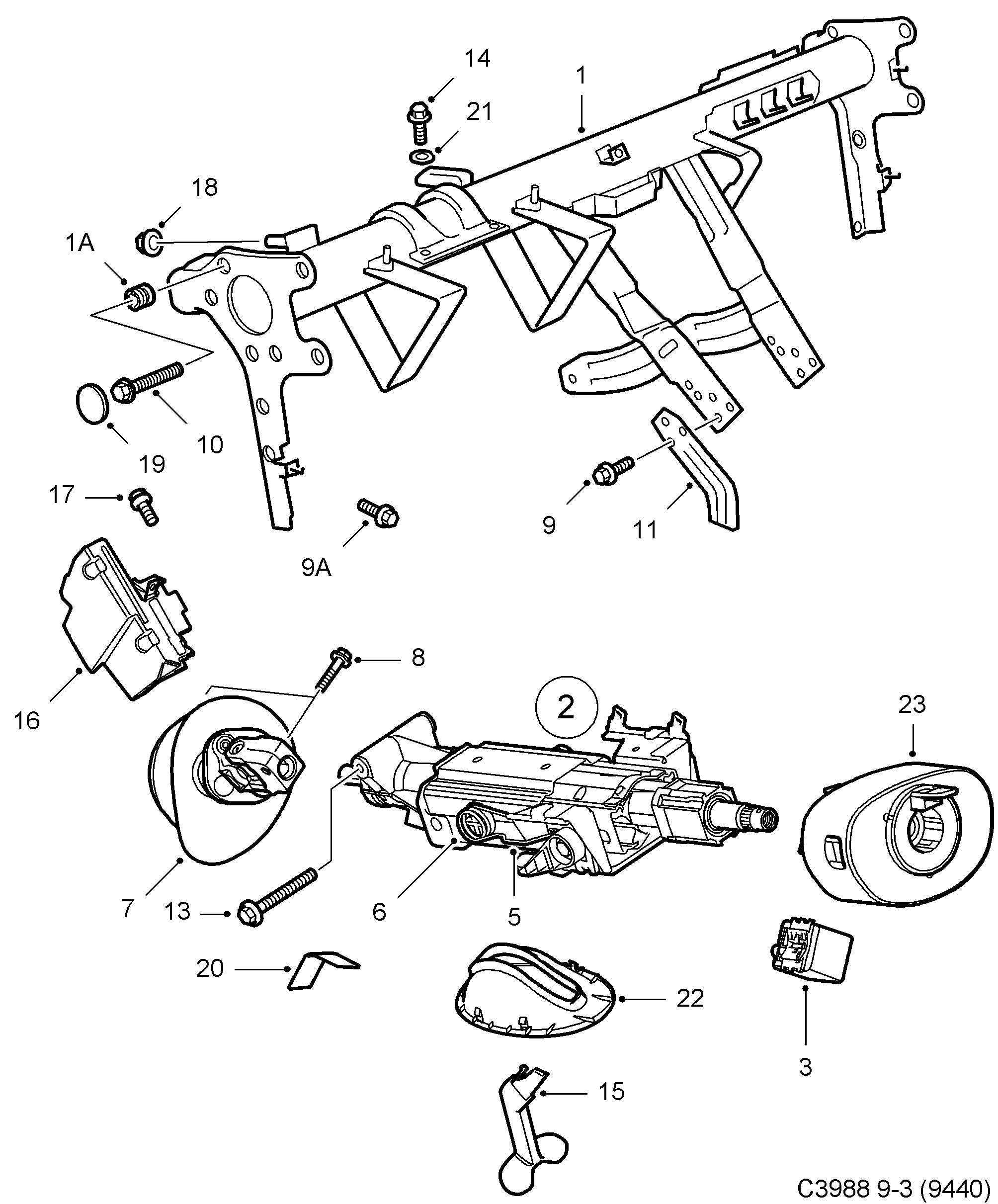 Saab 9-3 (9440) Steering wheel member Steering column diagram