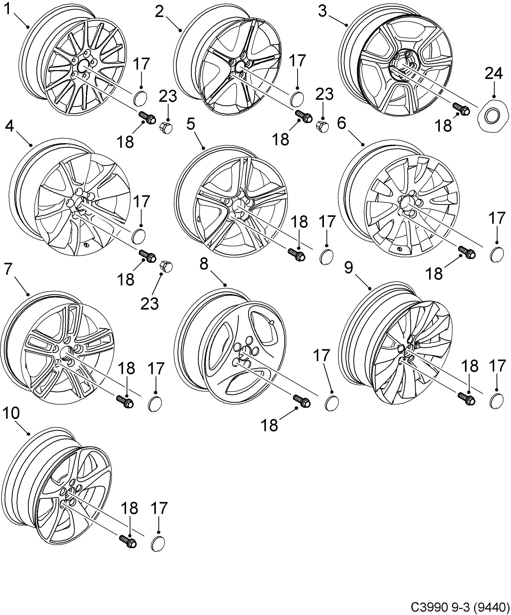 Saab 9-3 (9440) Wheel diagram