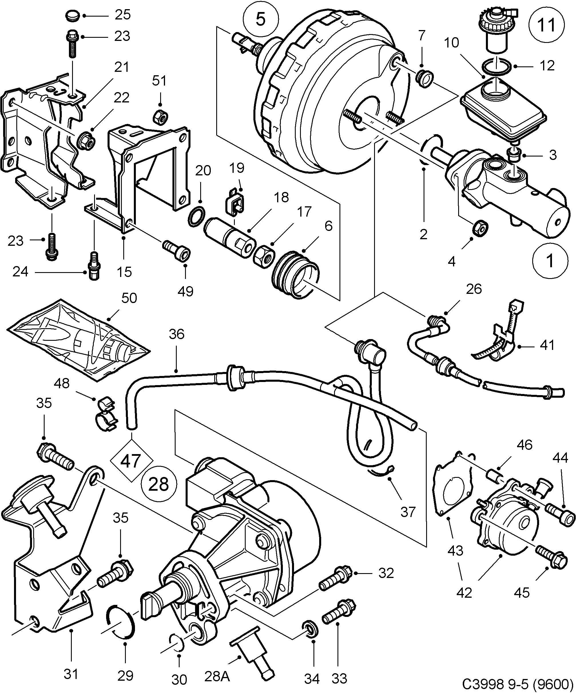 Saab 9-5 (9600) Master cylinder vacuum brake booster diagram