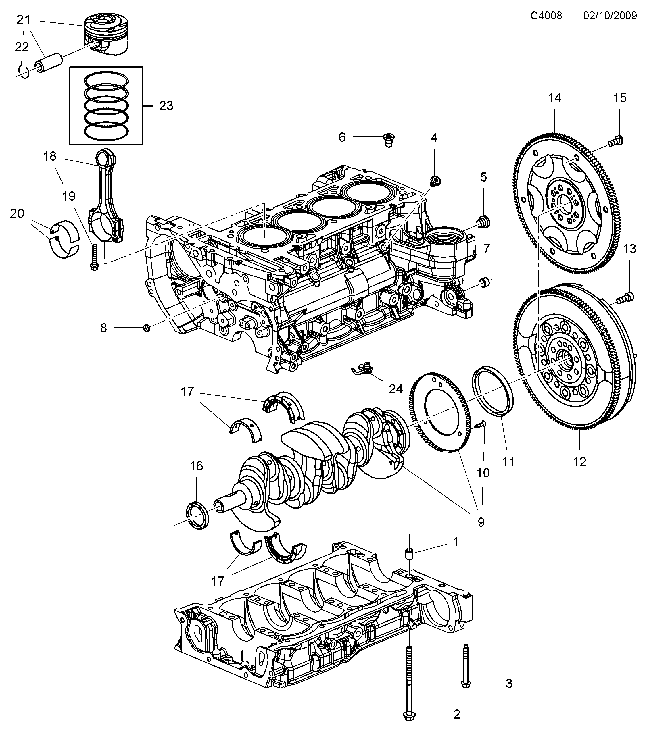 Saab 9-5 (650) Cylinder block Crankshaft and piston diagram