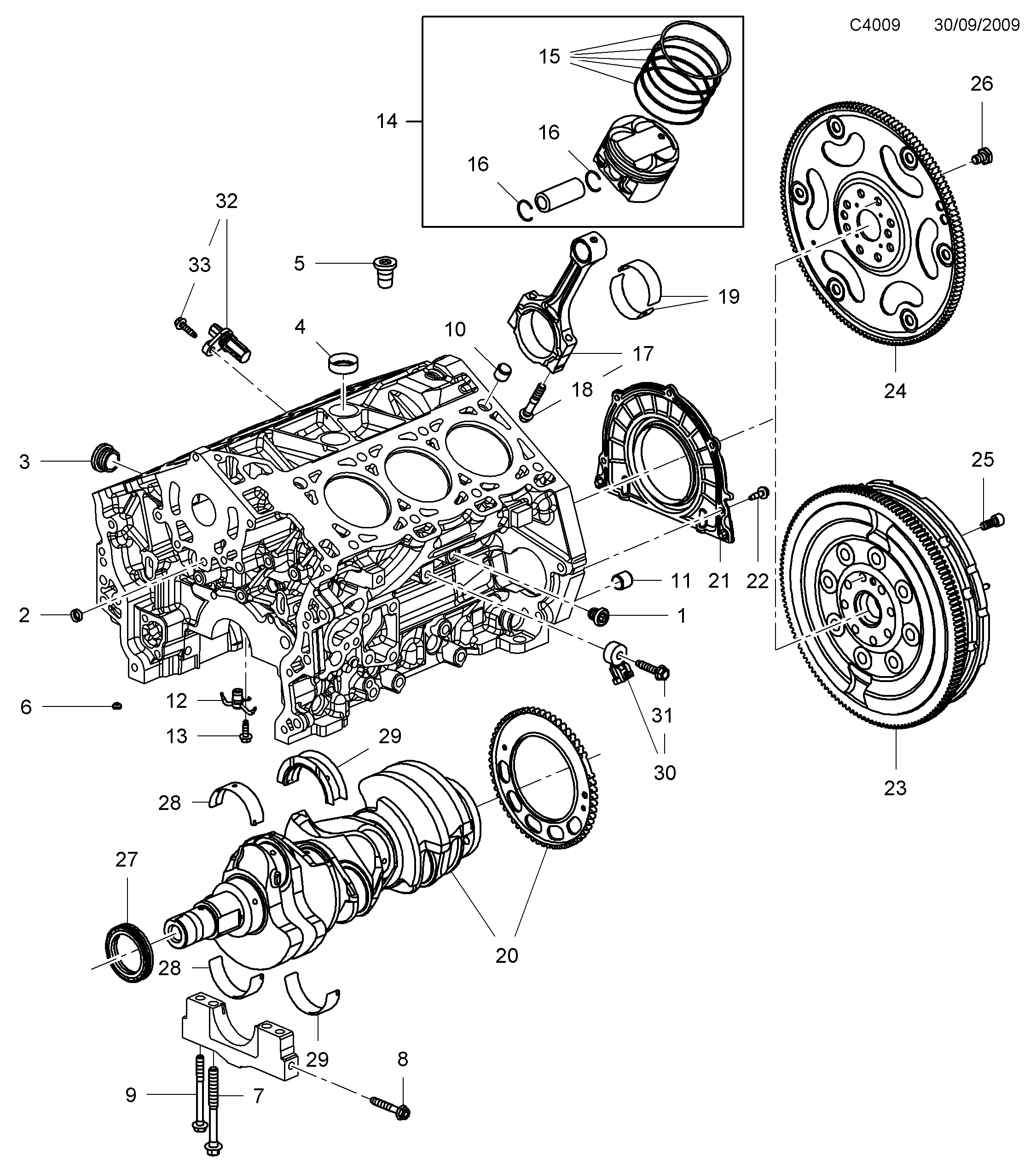 Saab 9-5 (650) Cylinder block Crankshaft and piston diagram