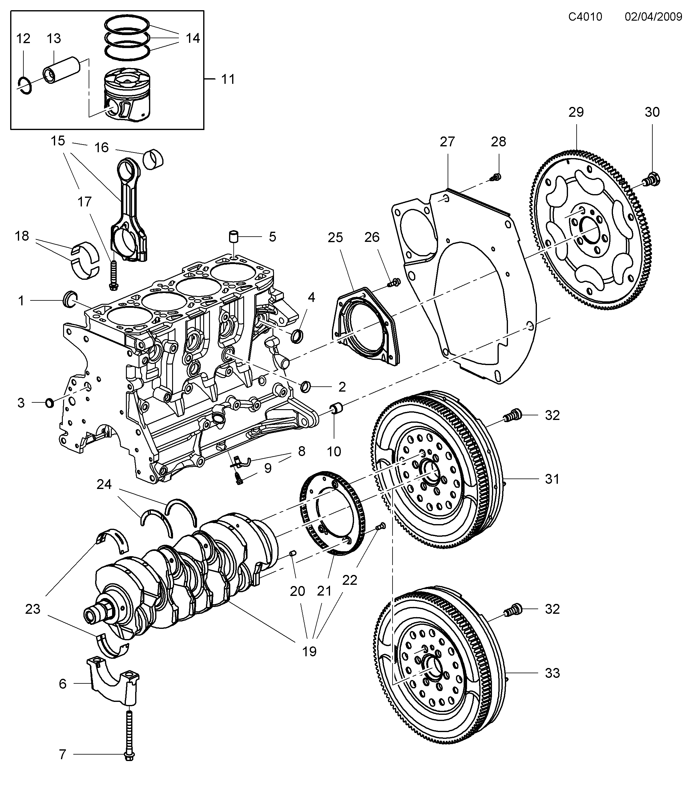 Saab 9-5 (650) Cylinder block Crankshaft and piston diagram