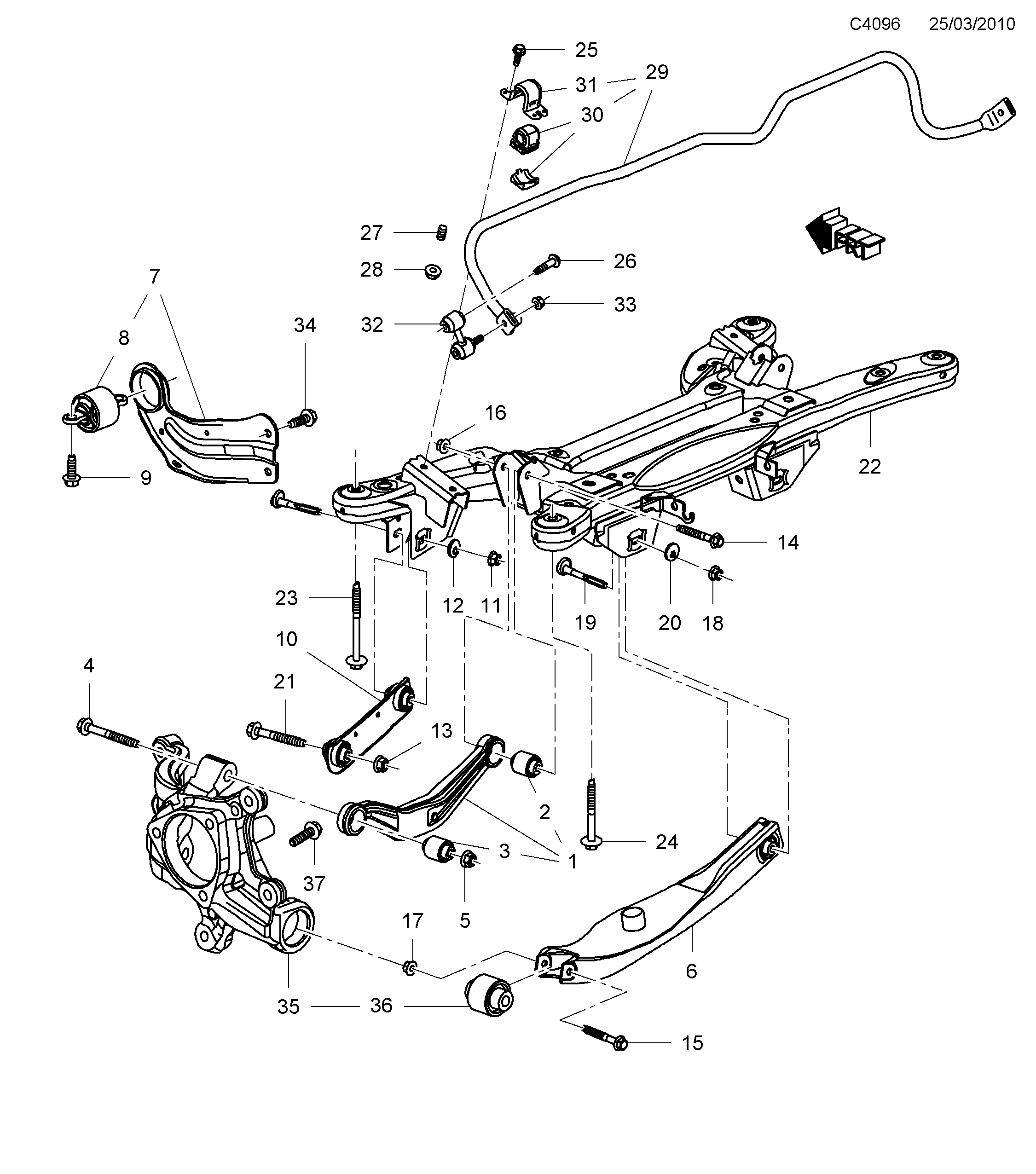 Saab 9-5 (650) Suspension arm and crossmember 4-link, rear suspension diagram